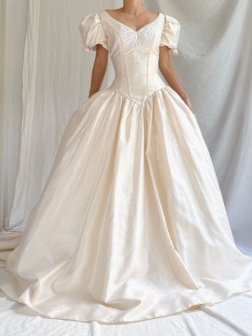 1990s Vintage Silk Puff Sleeve Gown - S/4