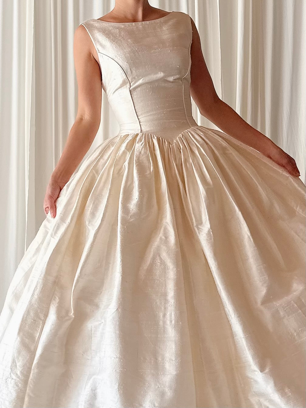 Vintage Ivory Raw Silk Boat Neck Gown - S