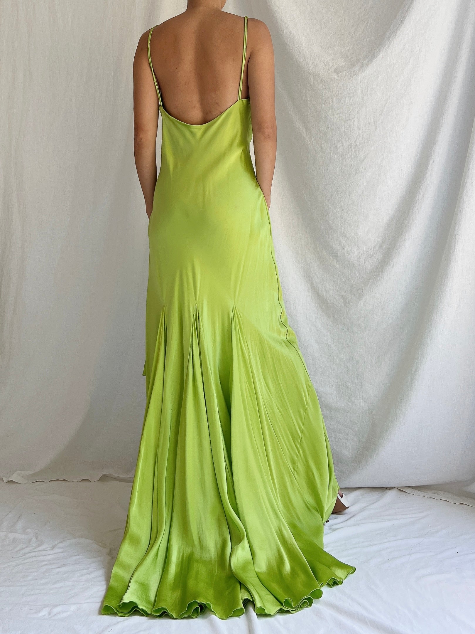 1990s Silk Chartreuse Asymmetrical Hem Gown - S