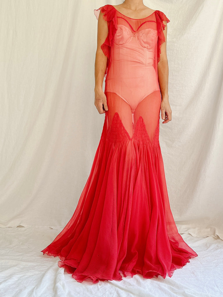1930s Rose Red Sheer Silk Gown - XS