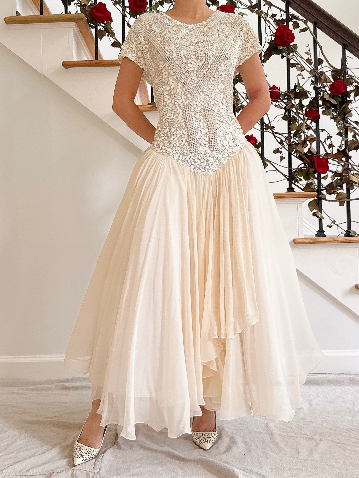 1980s Silk Chiffon Beaded Dress - 36B/30W/49L