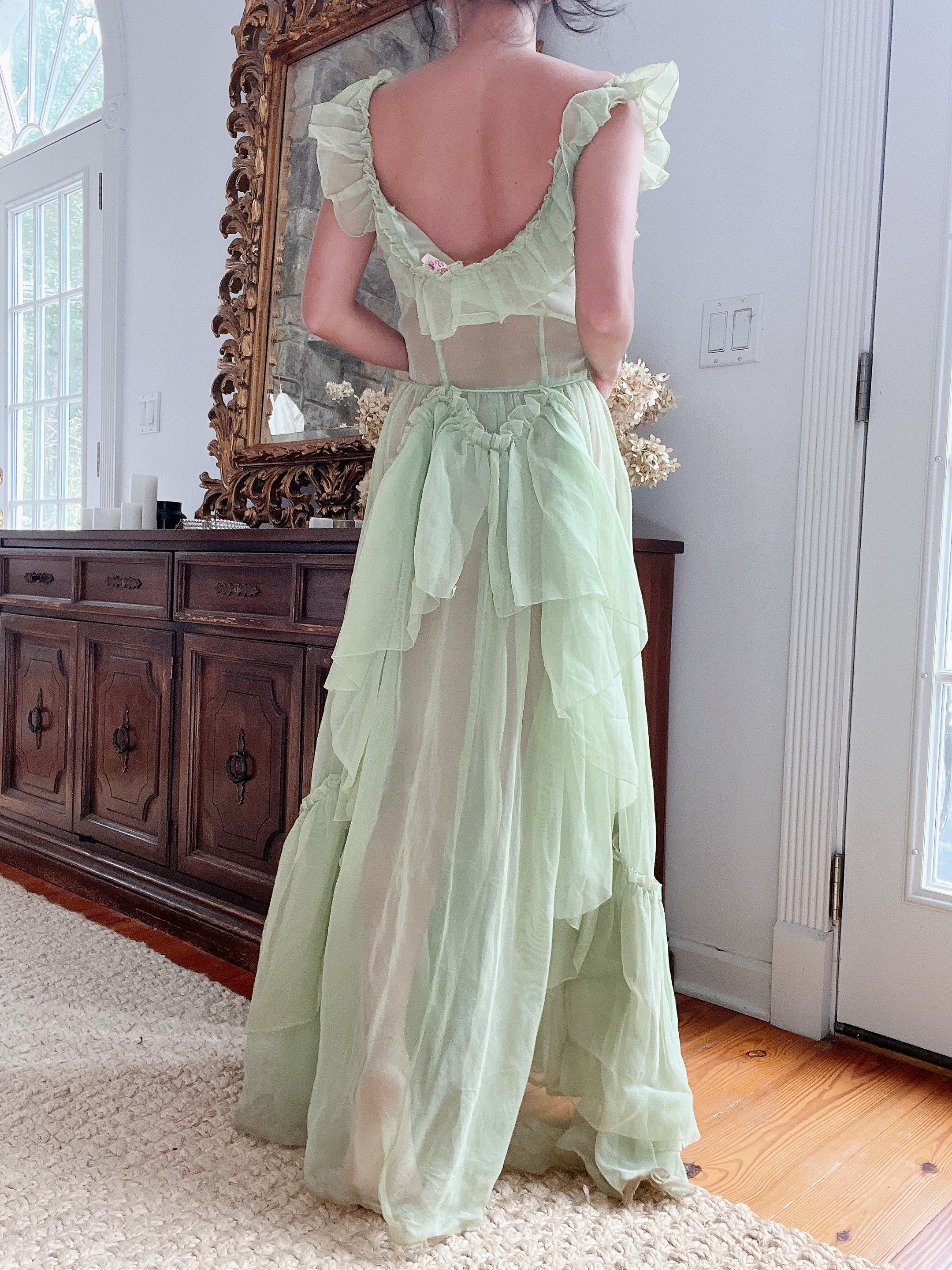 1940s Fred Perlberg Green Sheer Ruffle Dress