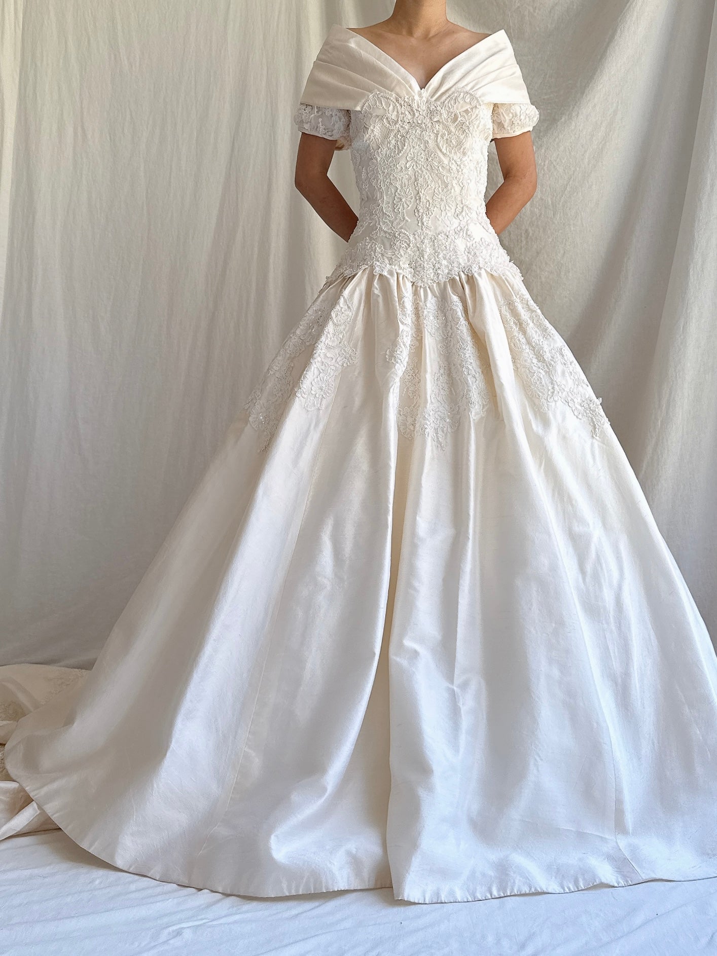 1980s Ron Lovece Silk Off-the-Shoulder Gown - S