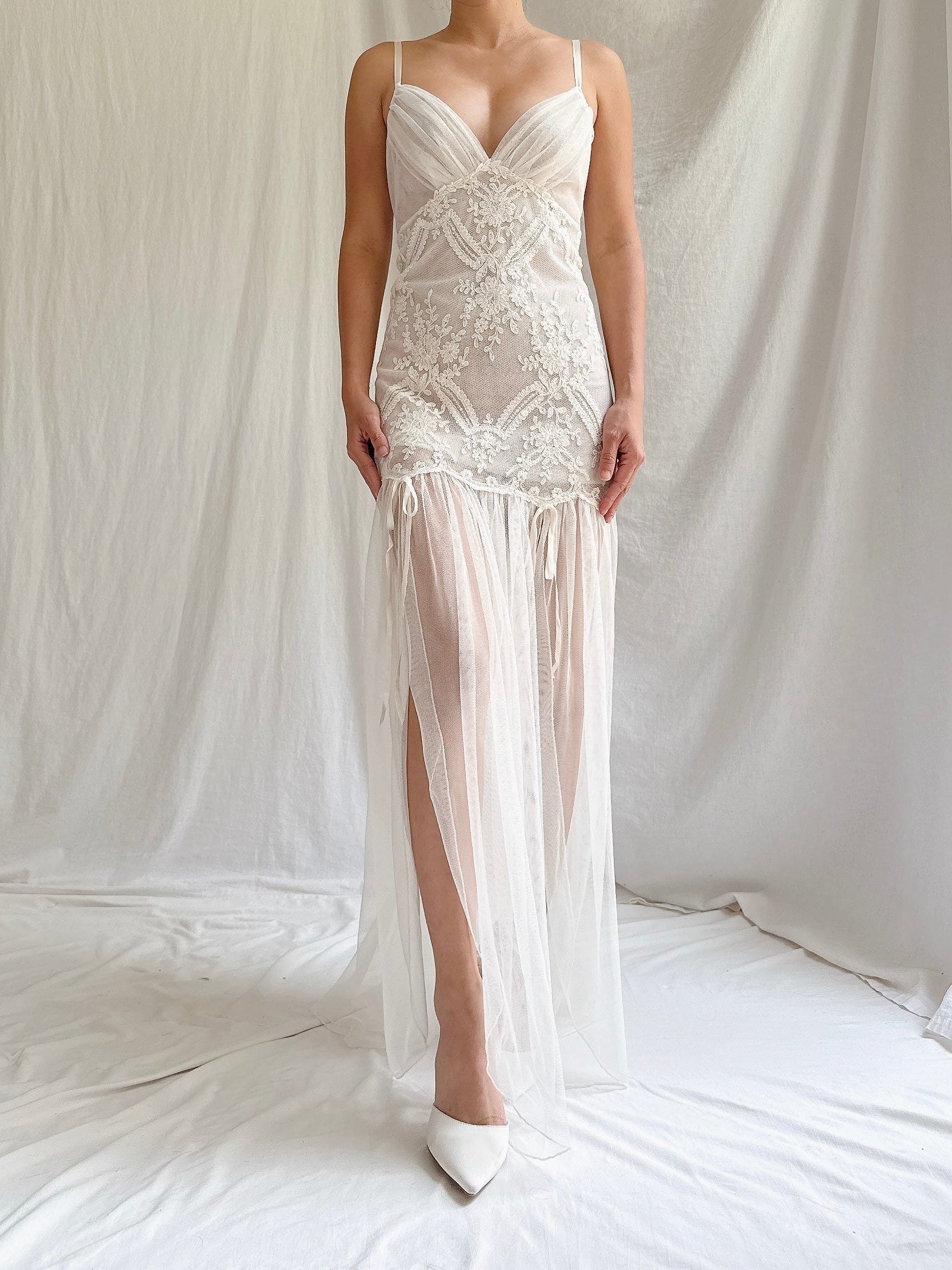 Vintage Tulle Embroidered Lace Slip Dress - S-M