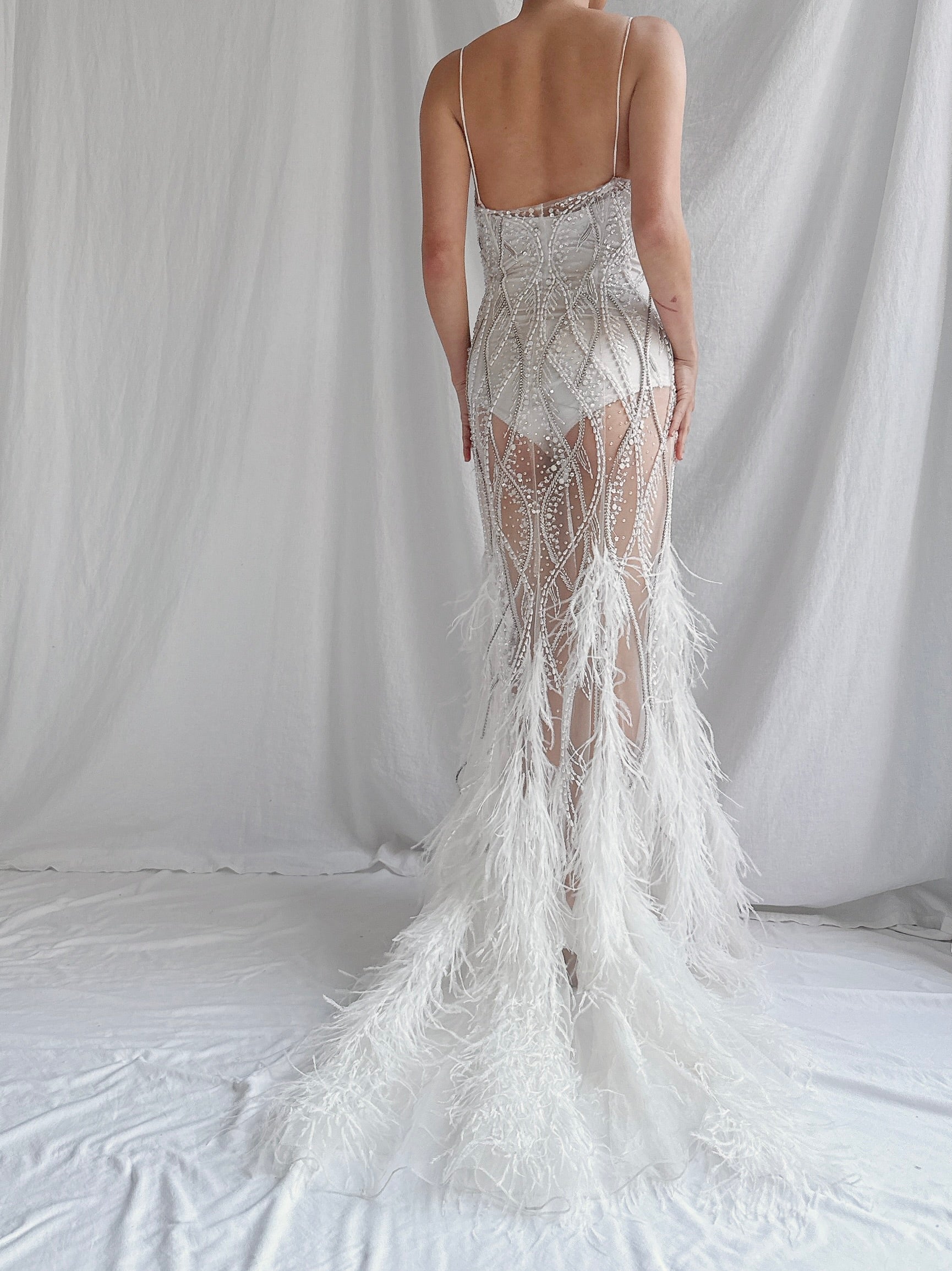 00 Stephen Yearrick Pearl Feather Gown - S-M