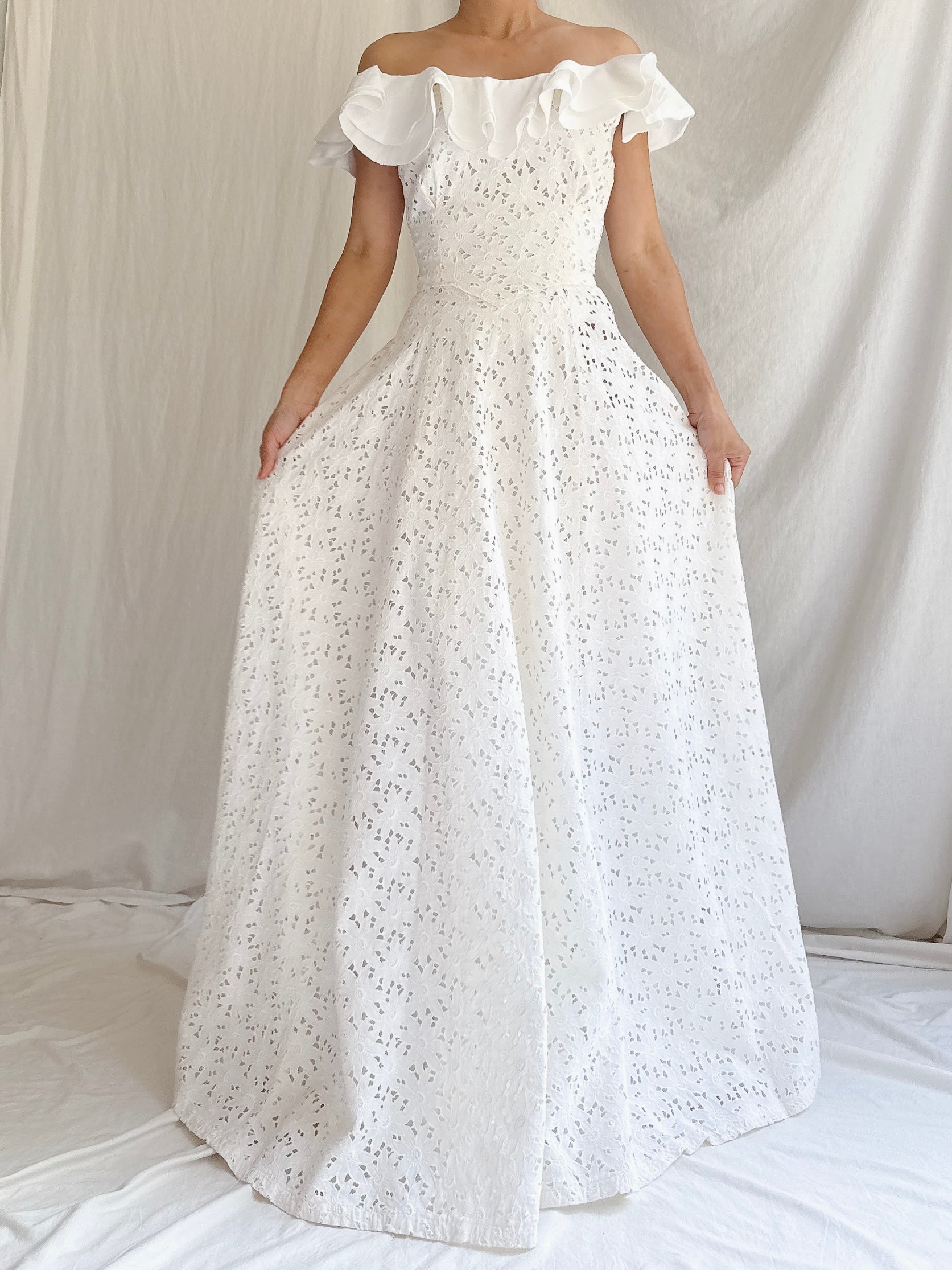 1930s Cutout Ruffle Cotton Dress - XS