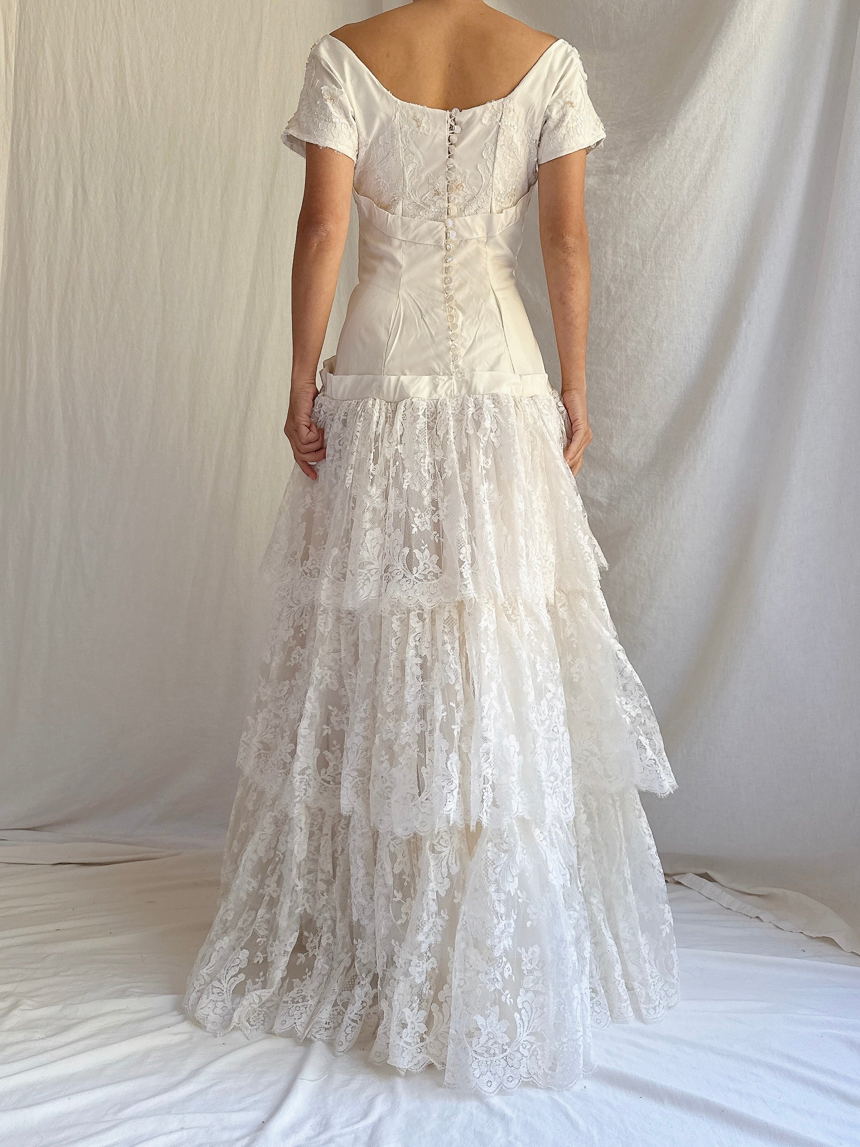 1950s Tafetta and Lace Dress - S