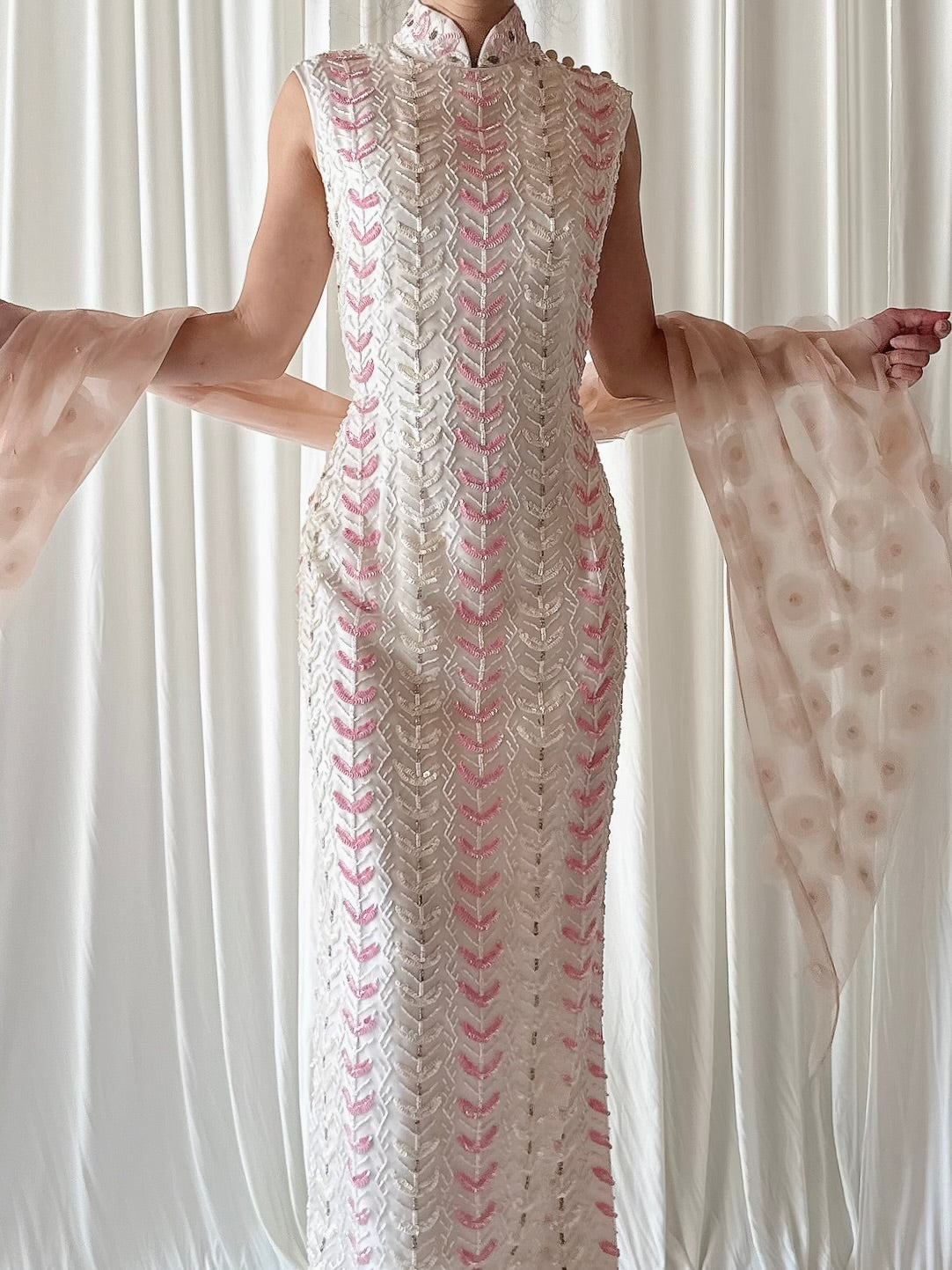 1960s Cheongsam Silk Organza Beaded Gown - M