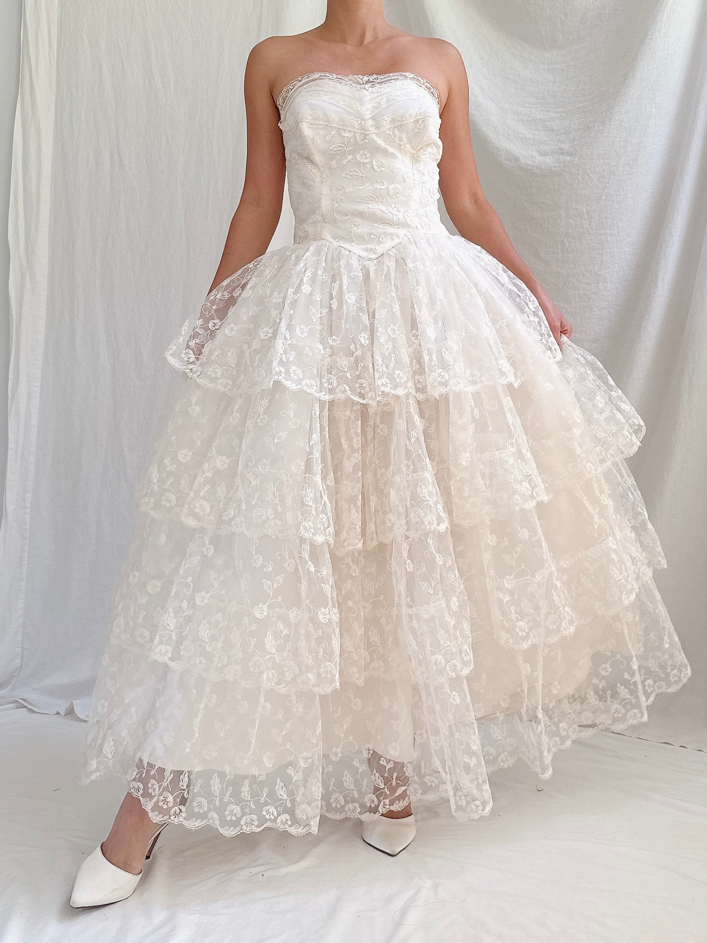 1950s Embroidered Tulle Dress -XS