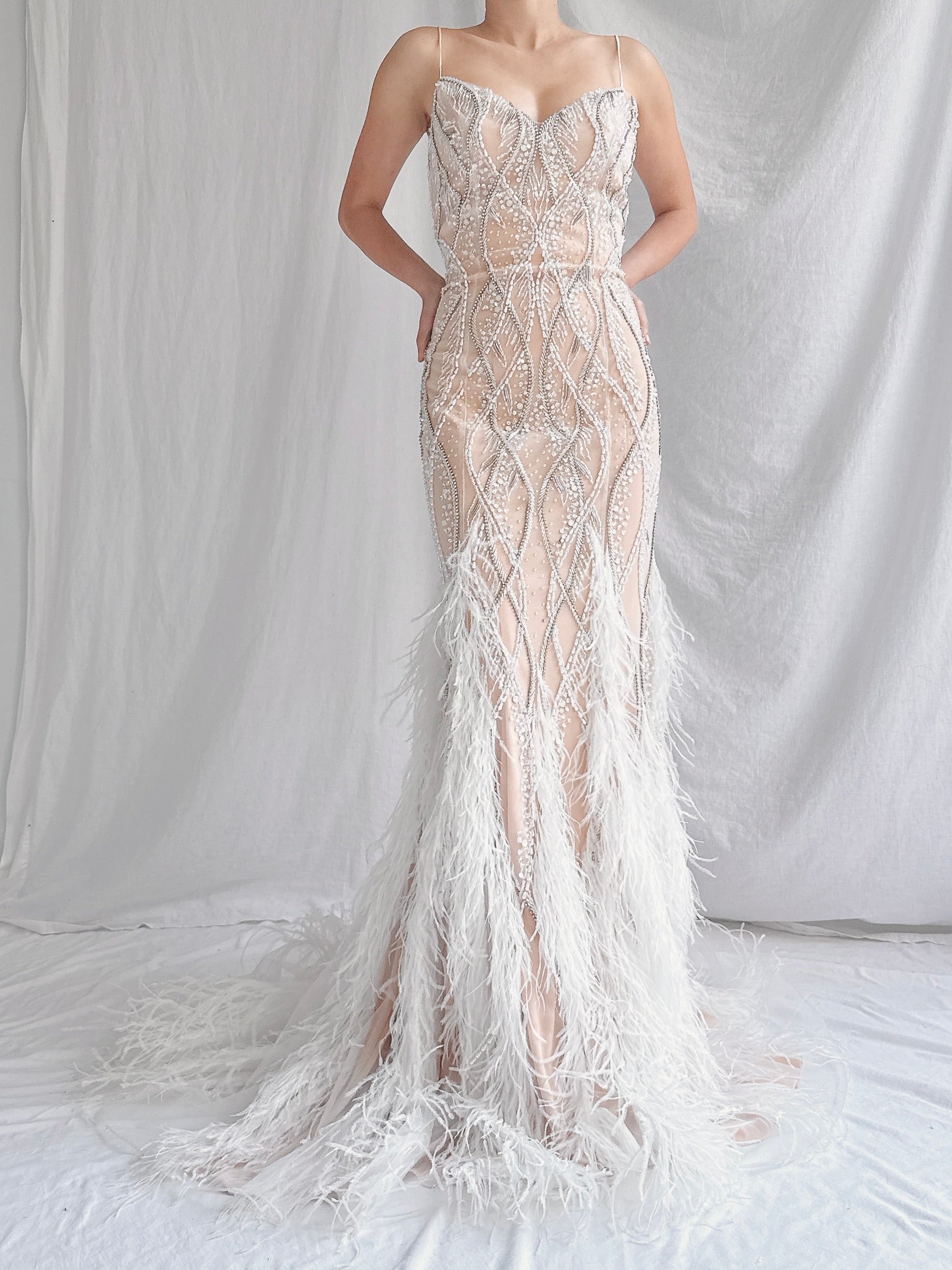 00 Stephen Yearrick Pearl Feather Gown - S-M