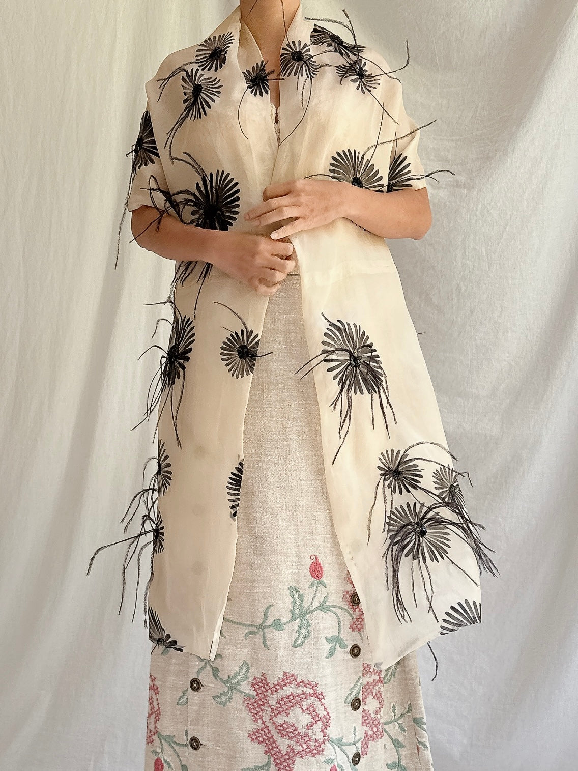 Vintage Silk Organza Feather Shawl - OSFM