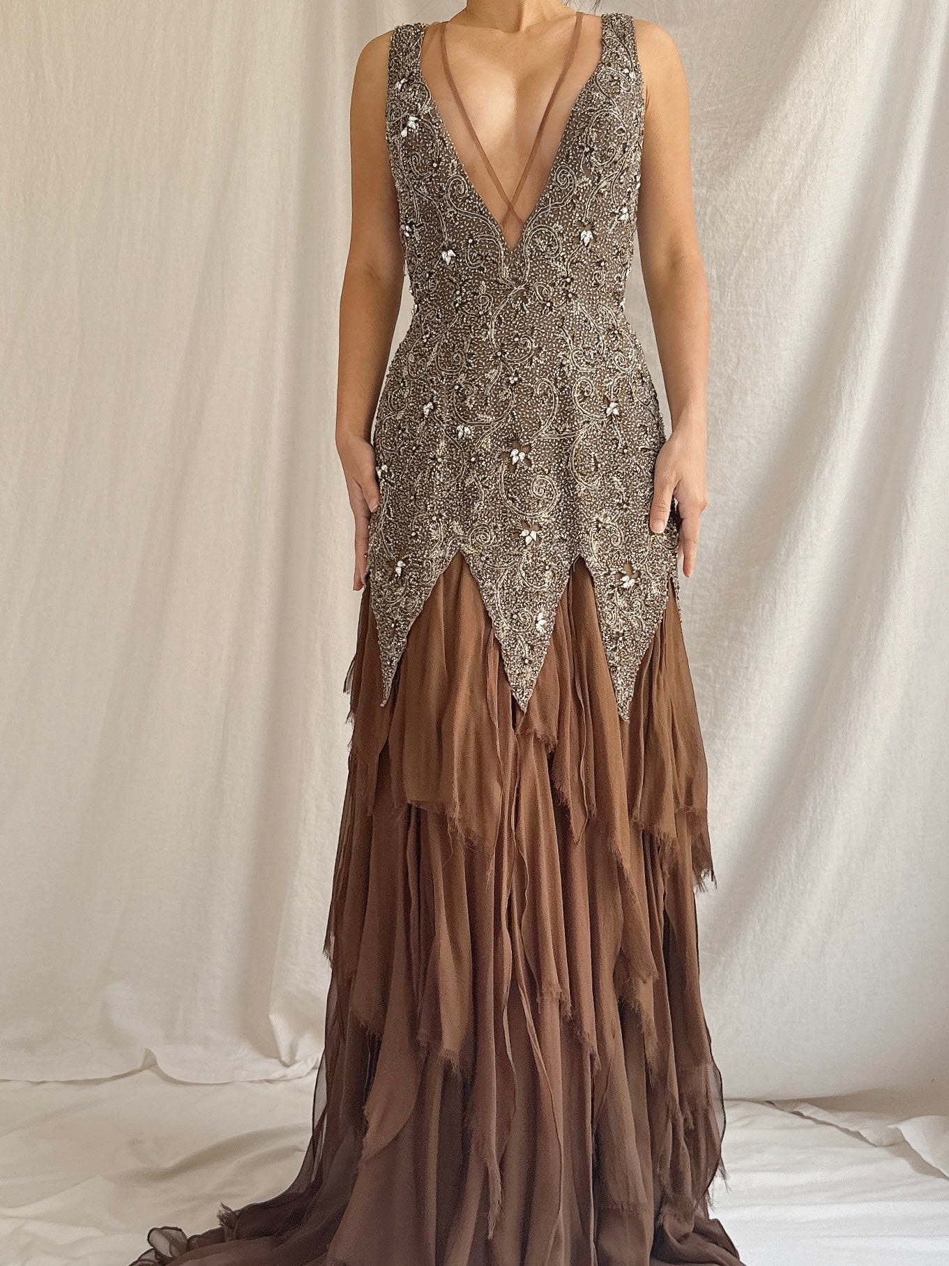 Vintage Stephen Yearrick Silk Raw Hem Beaded Gown - M/6