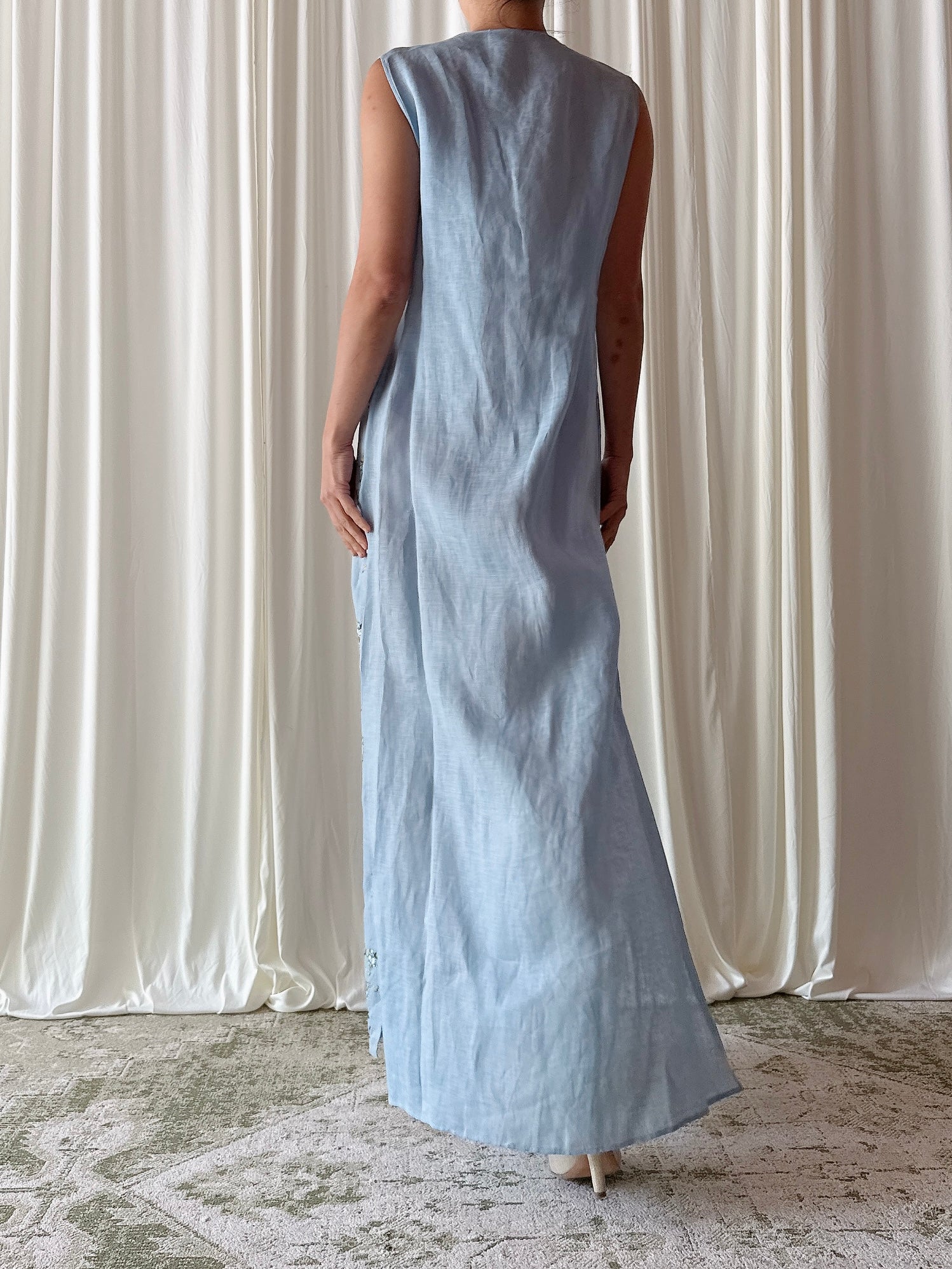 Vintage Blue Linen Embroidered Dress - FR 44