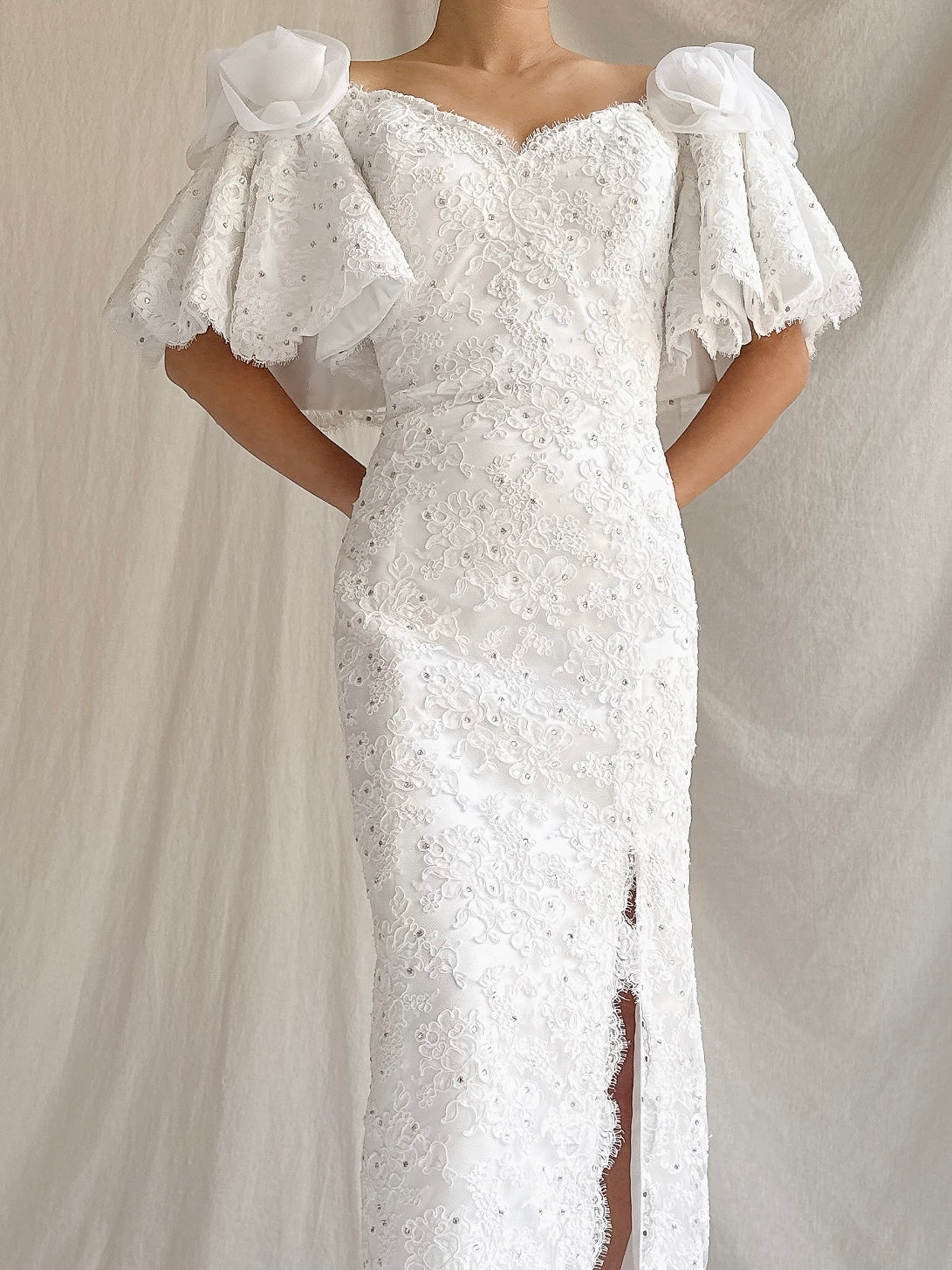 1980s Alencon Off-the-Shoulder Flutter Sleeve Gown - S/M