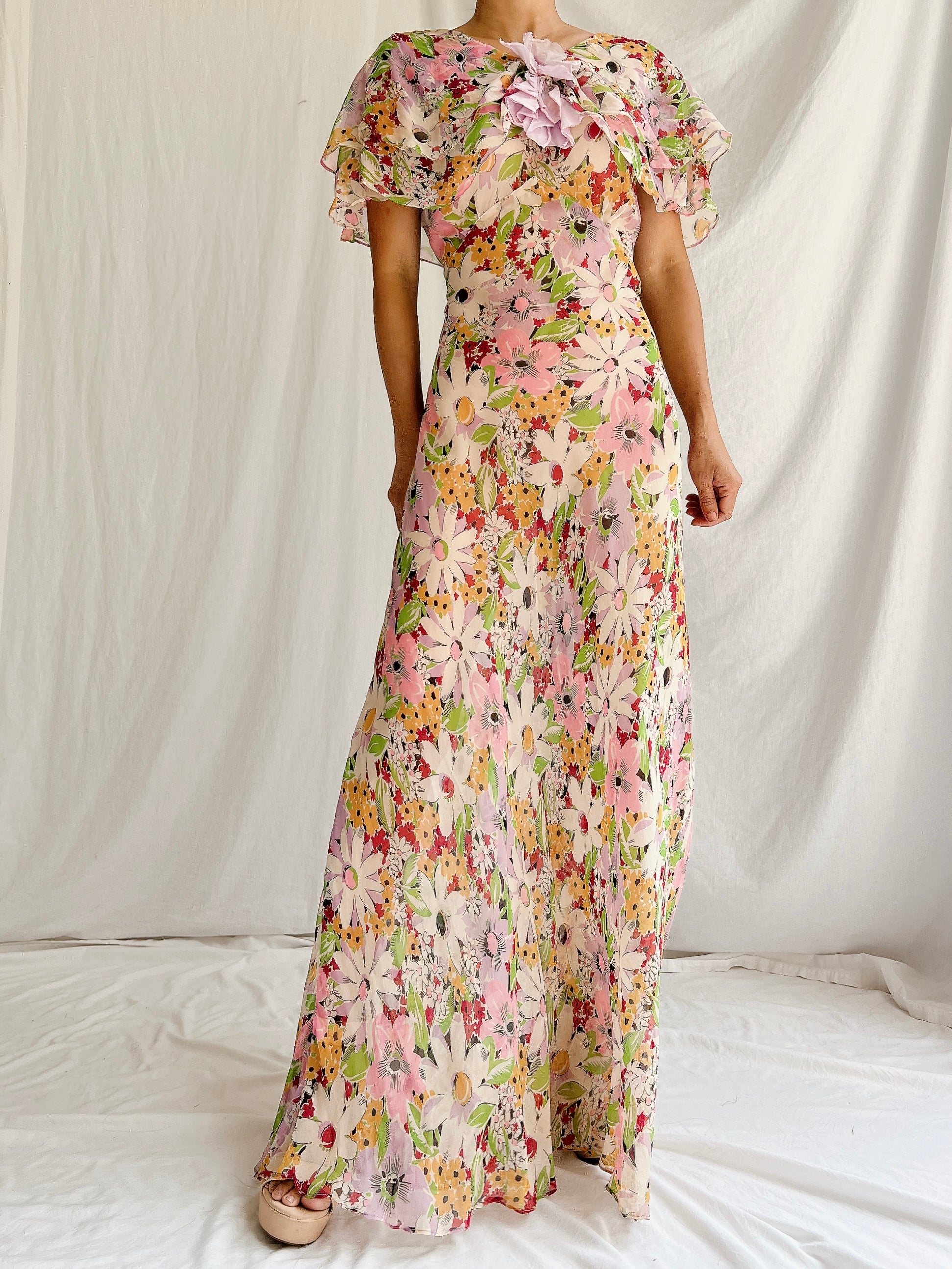 1930s Silk Floral Gown - XS/S