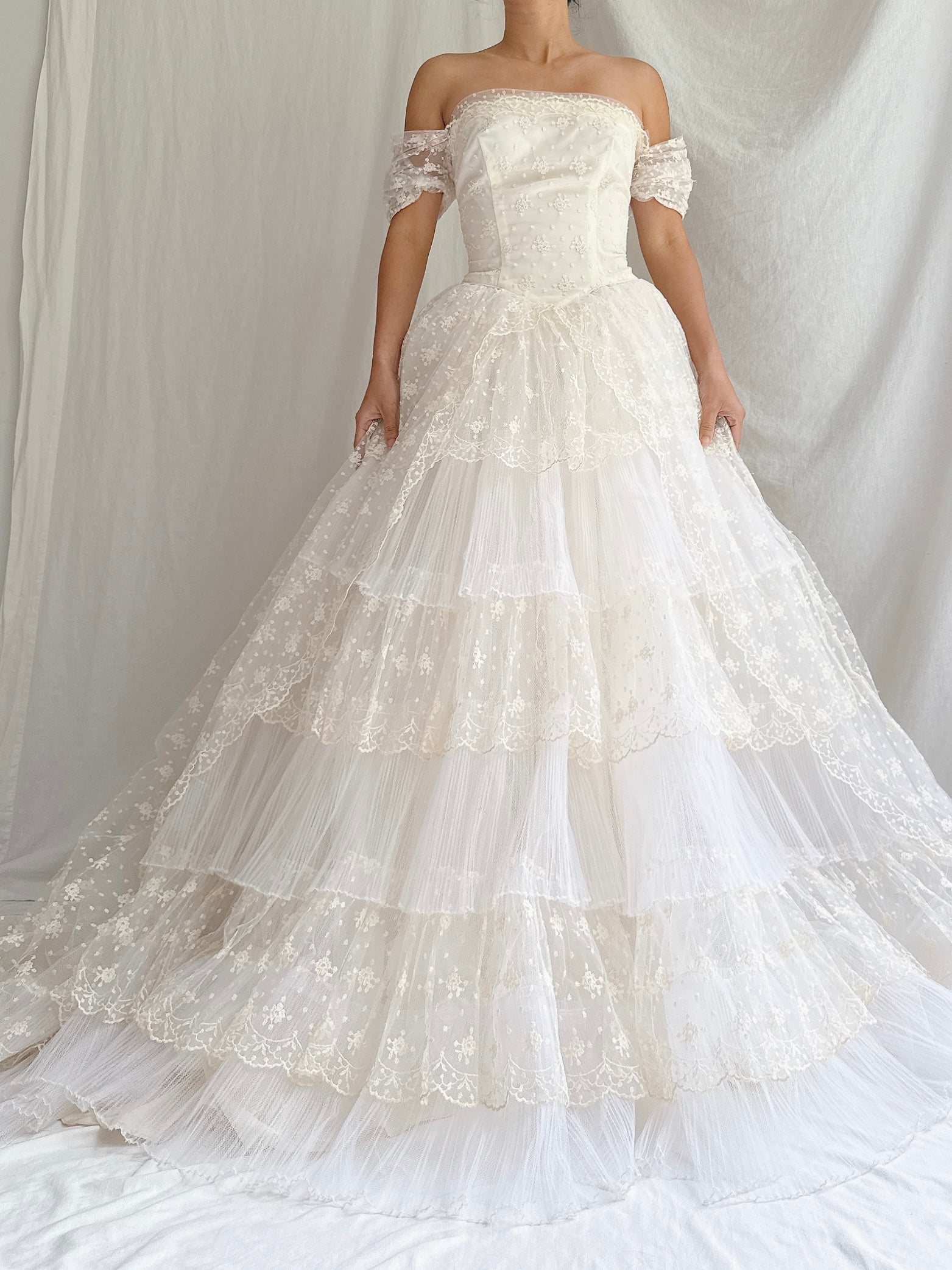 1950s Tulle Embroidered Layered Gown - XS