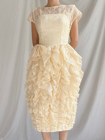 1980s Butter Yellow Lace Ruffled Dress - S