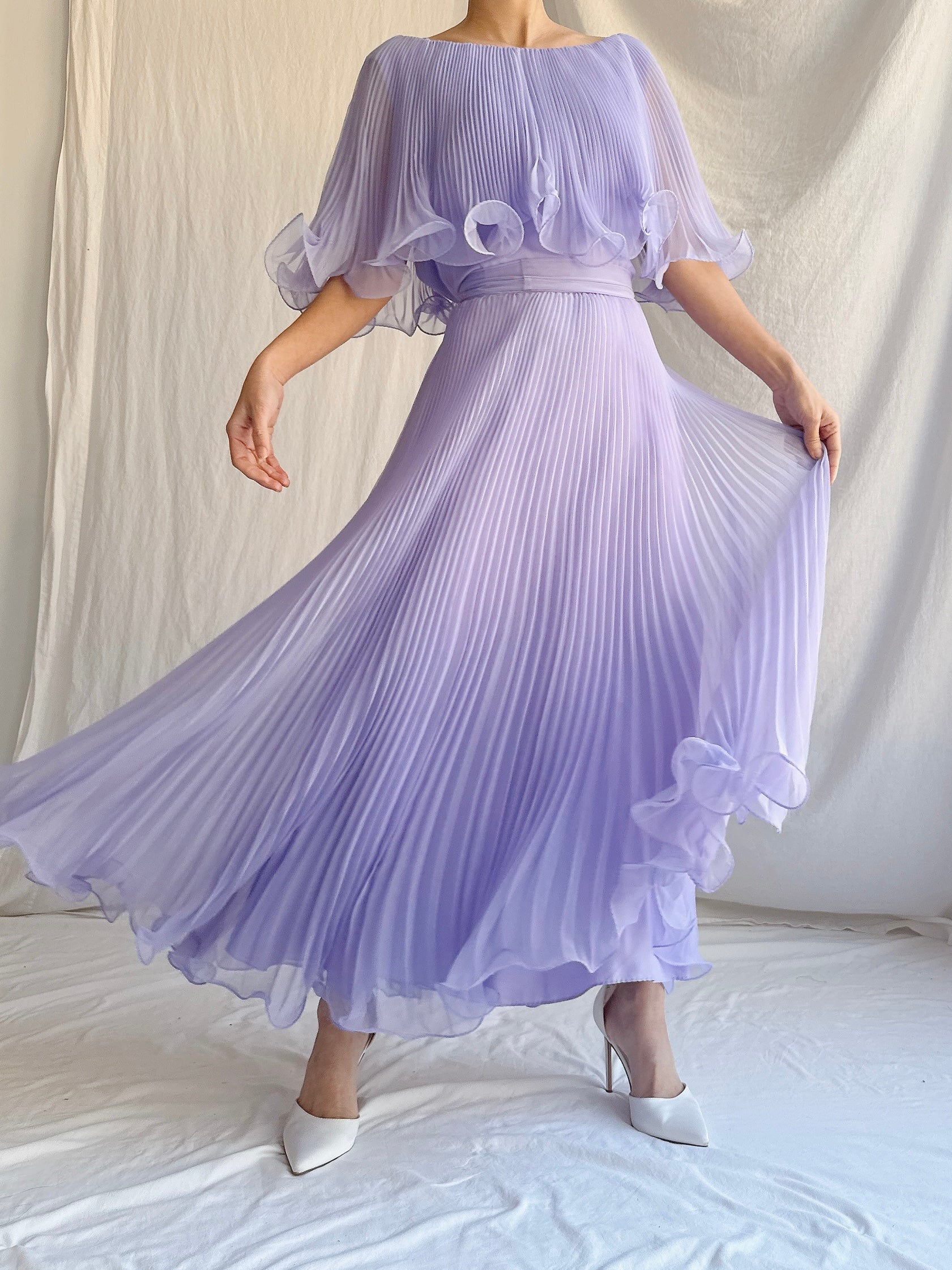 Vintage Pleated Chiffon Midi Dress - M