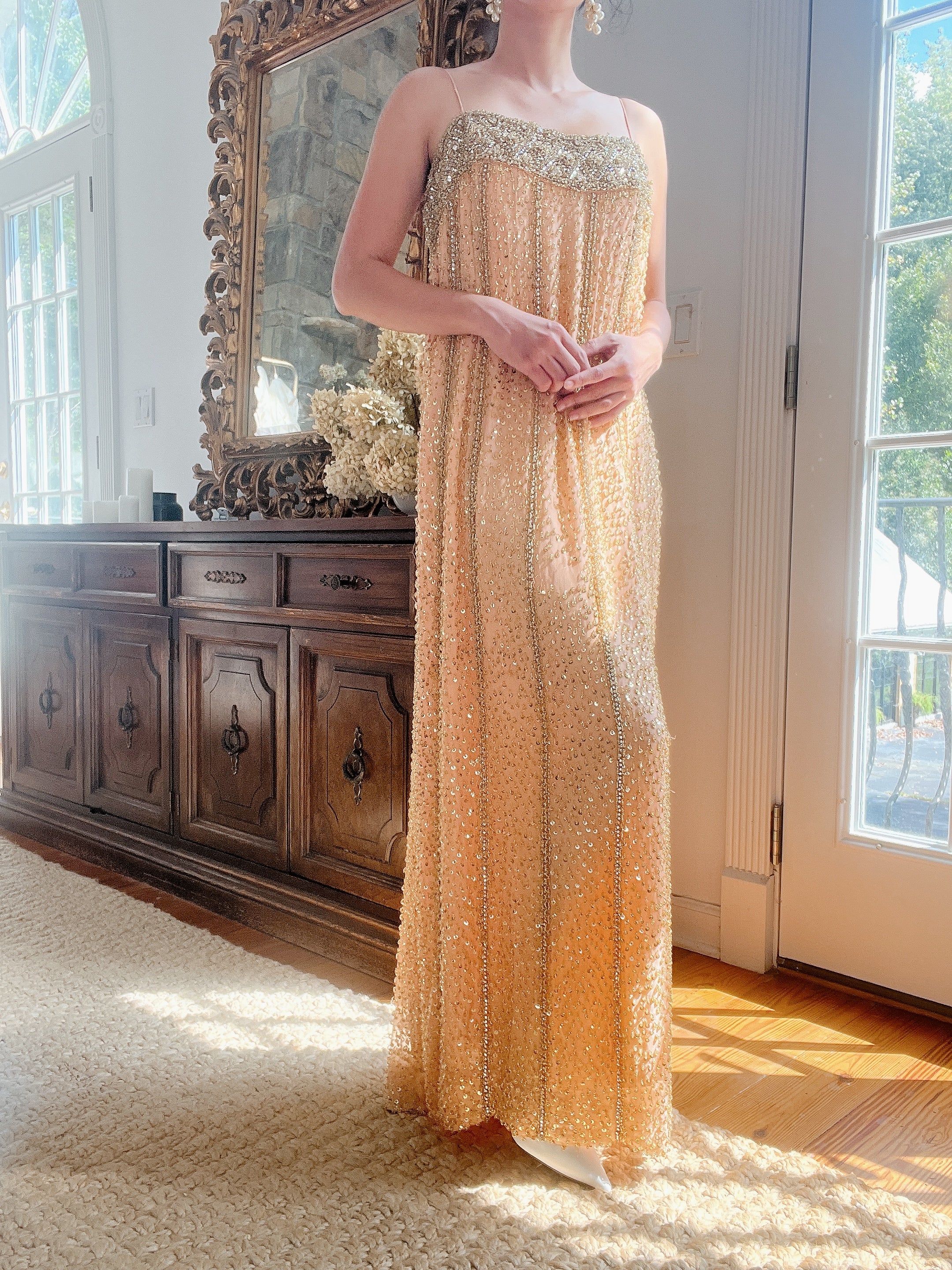 1960s Peach Beaded Gown & Cape - M/L