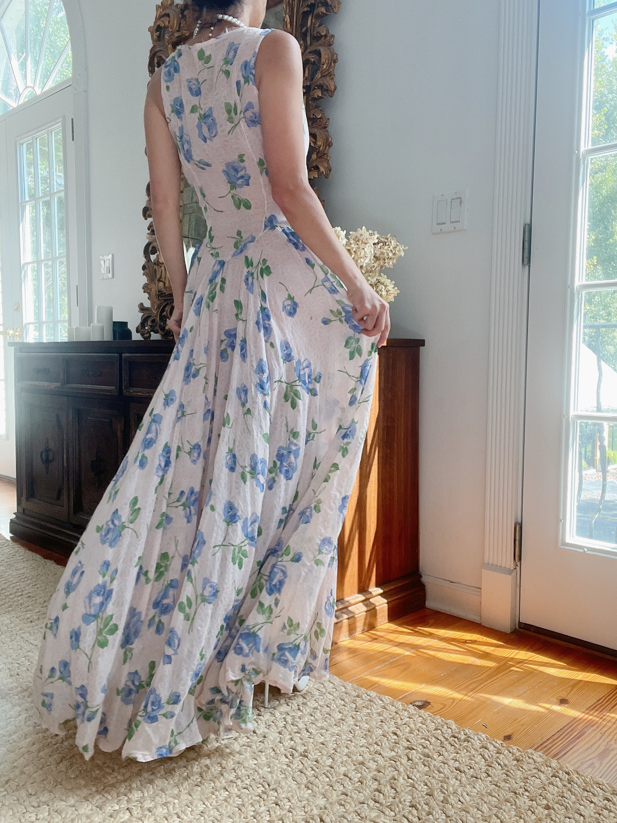 1940s Blue Floral Dress - M