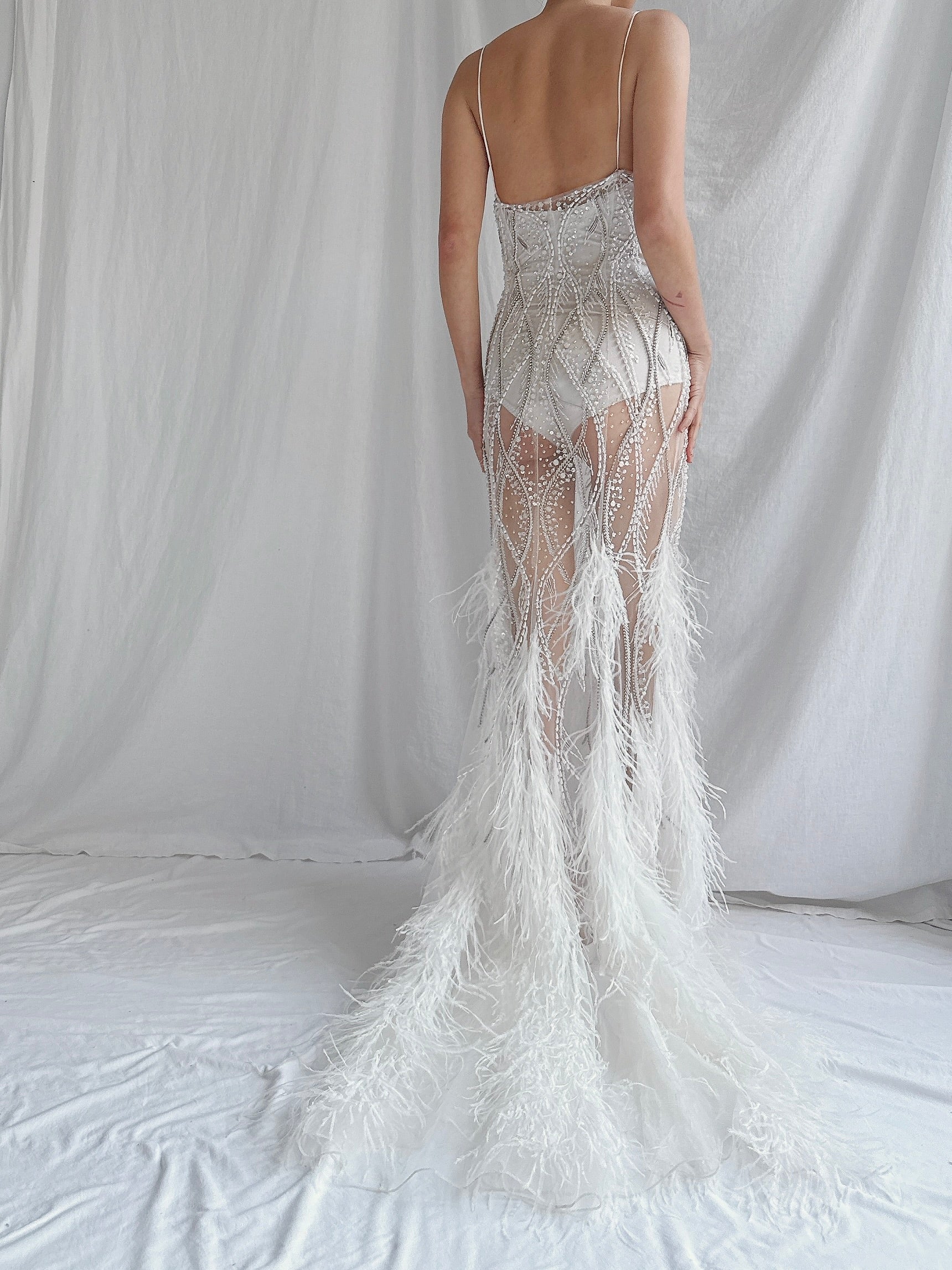 00 Stephen Yearrick Pearl Feather Gown - S-M