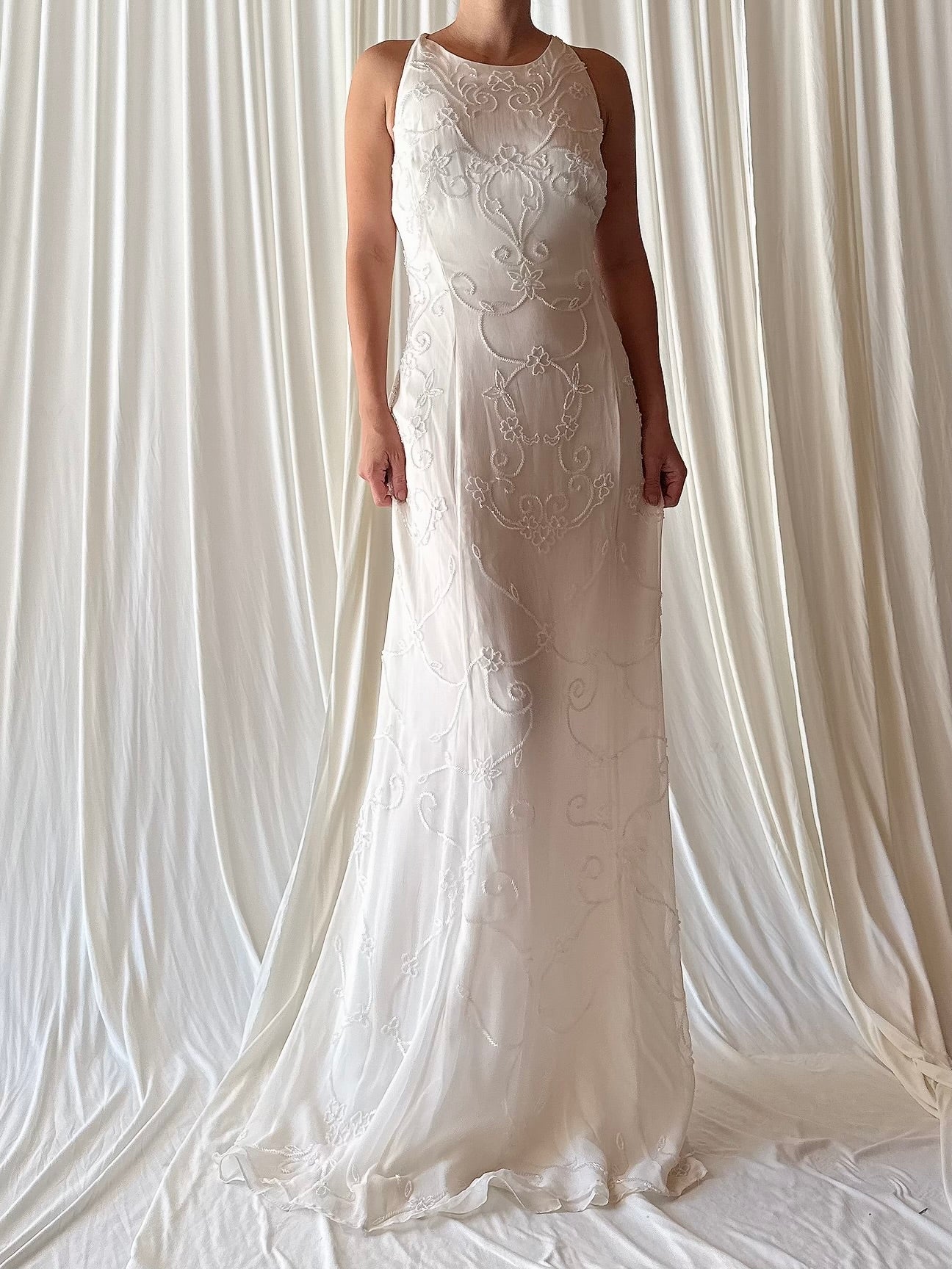 1990s Silk Chiffon Crewneck Gown - L