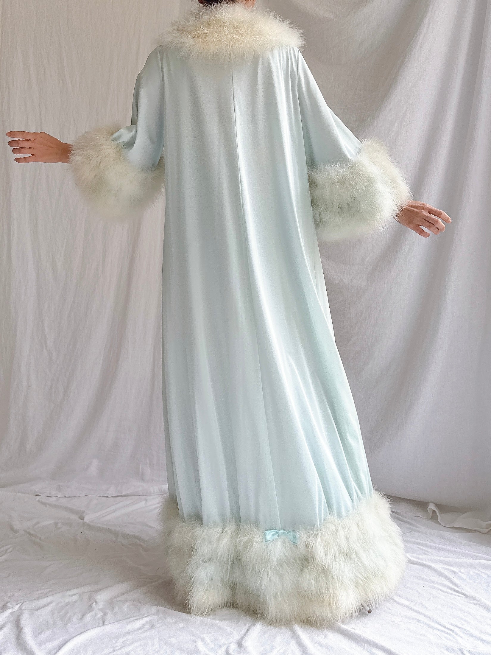 Rare 1960s Heft Baby Blue Marabou & Nylon Duster - OSFM