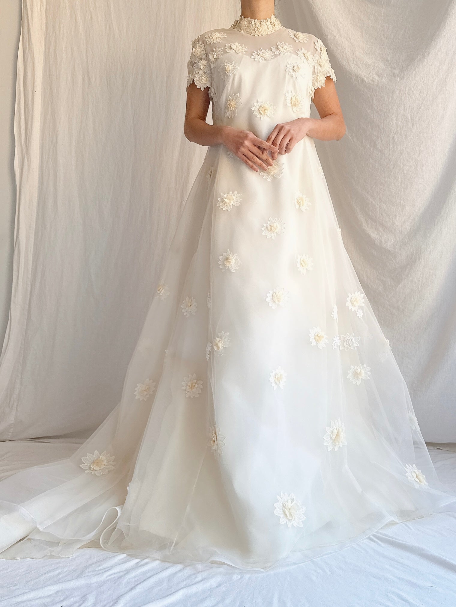 1960s Tulle and Organza Floral Applique Gown - S/M