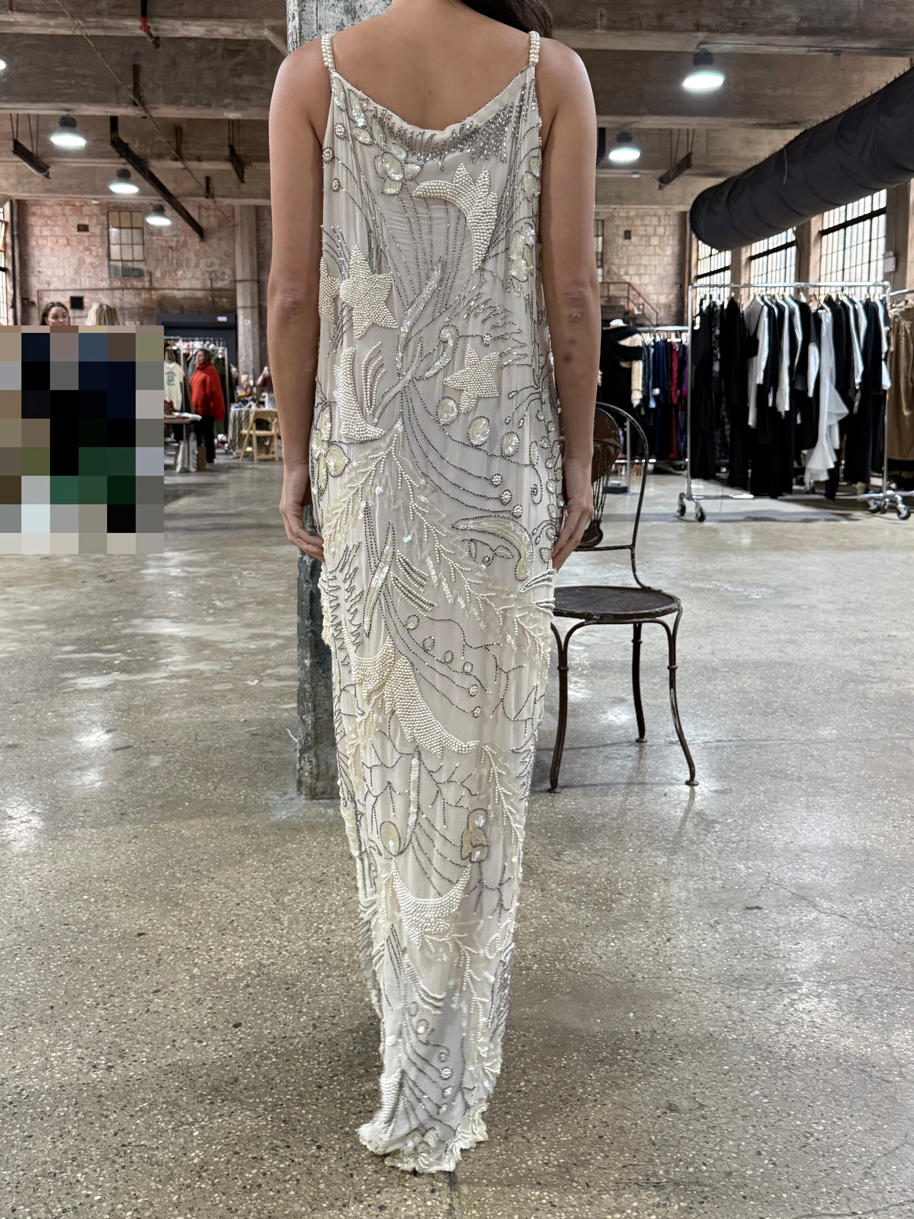 1980s Silk Chiffon Seed Pearls Stars Dress - S