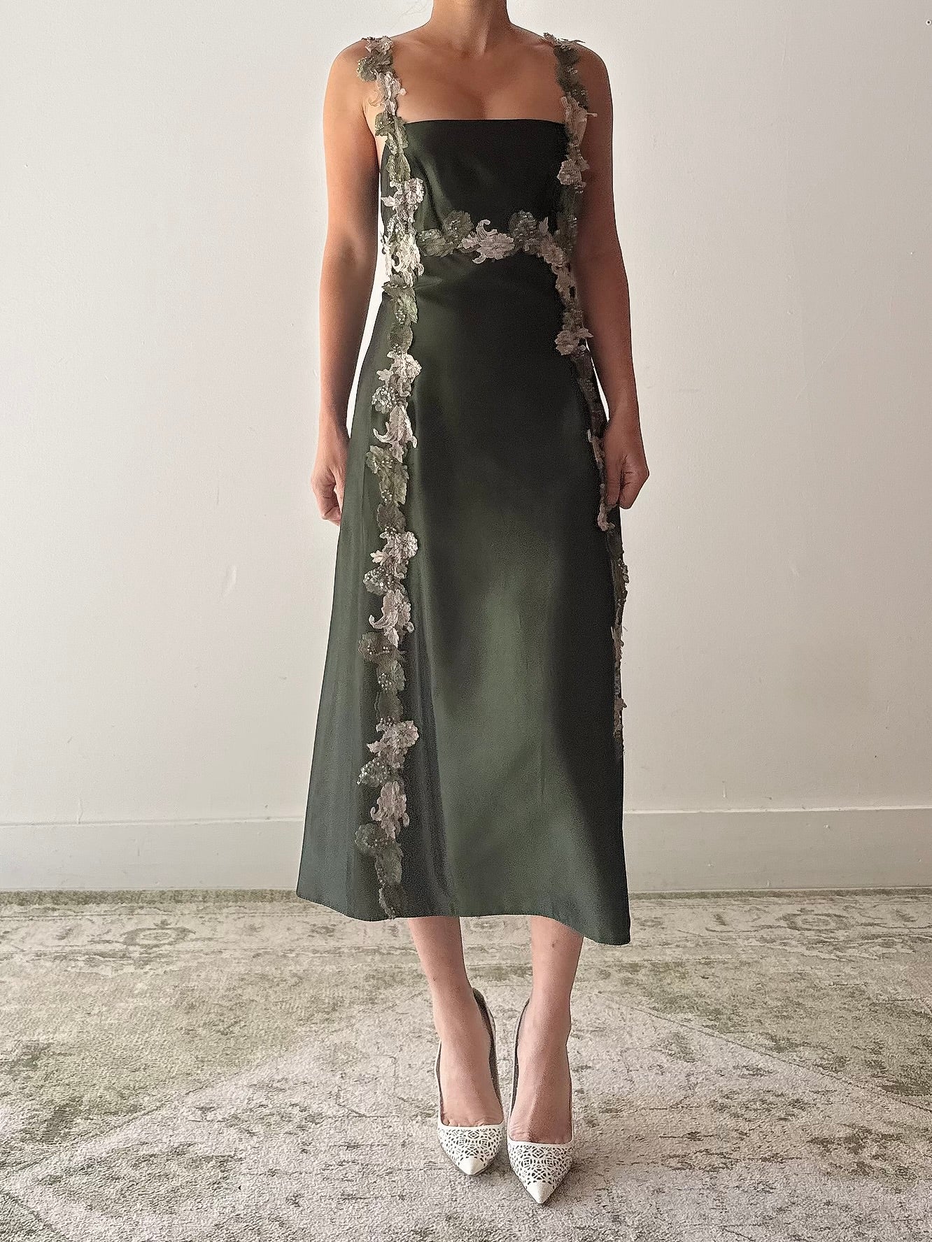 Vintage Green Lace Trimmed Dress - L