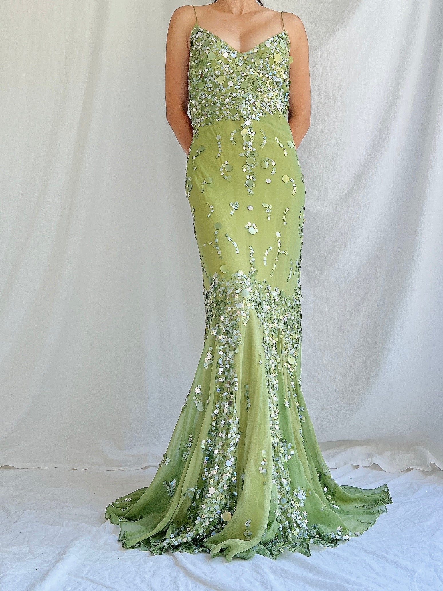 Vintage Green Bias Cut Silk Gown - S