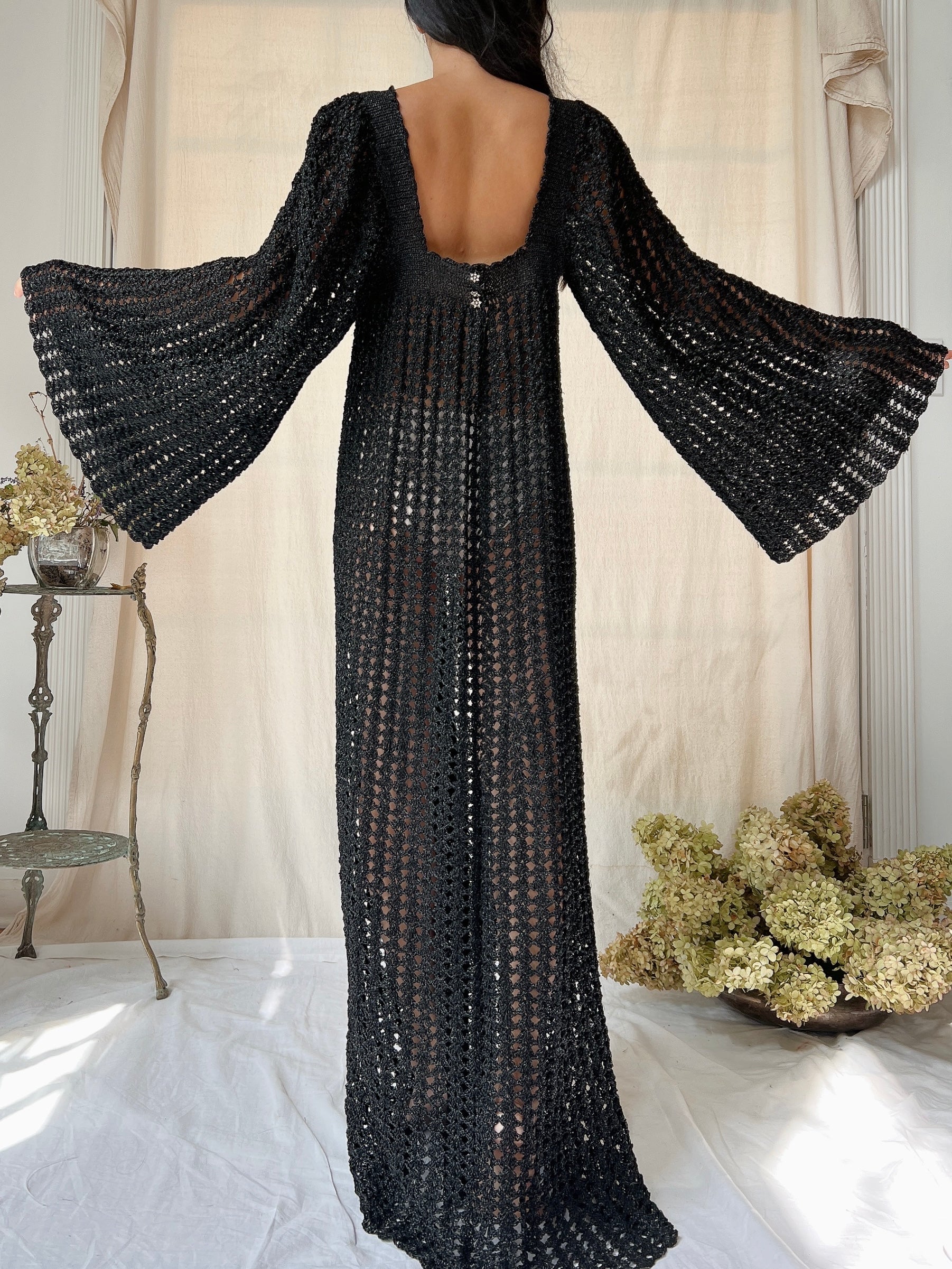 Vintage OOAK Shimmer Hand-Crochet Angel Sleeve Gown - S/M