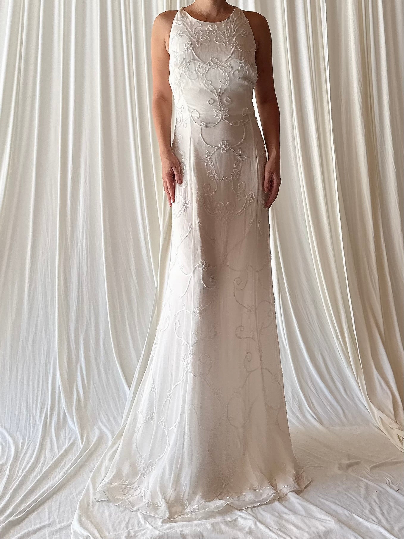 1990s Silk Chiffon Crewneck Gown - L