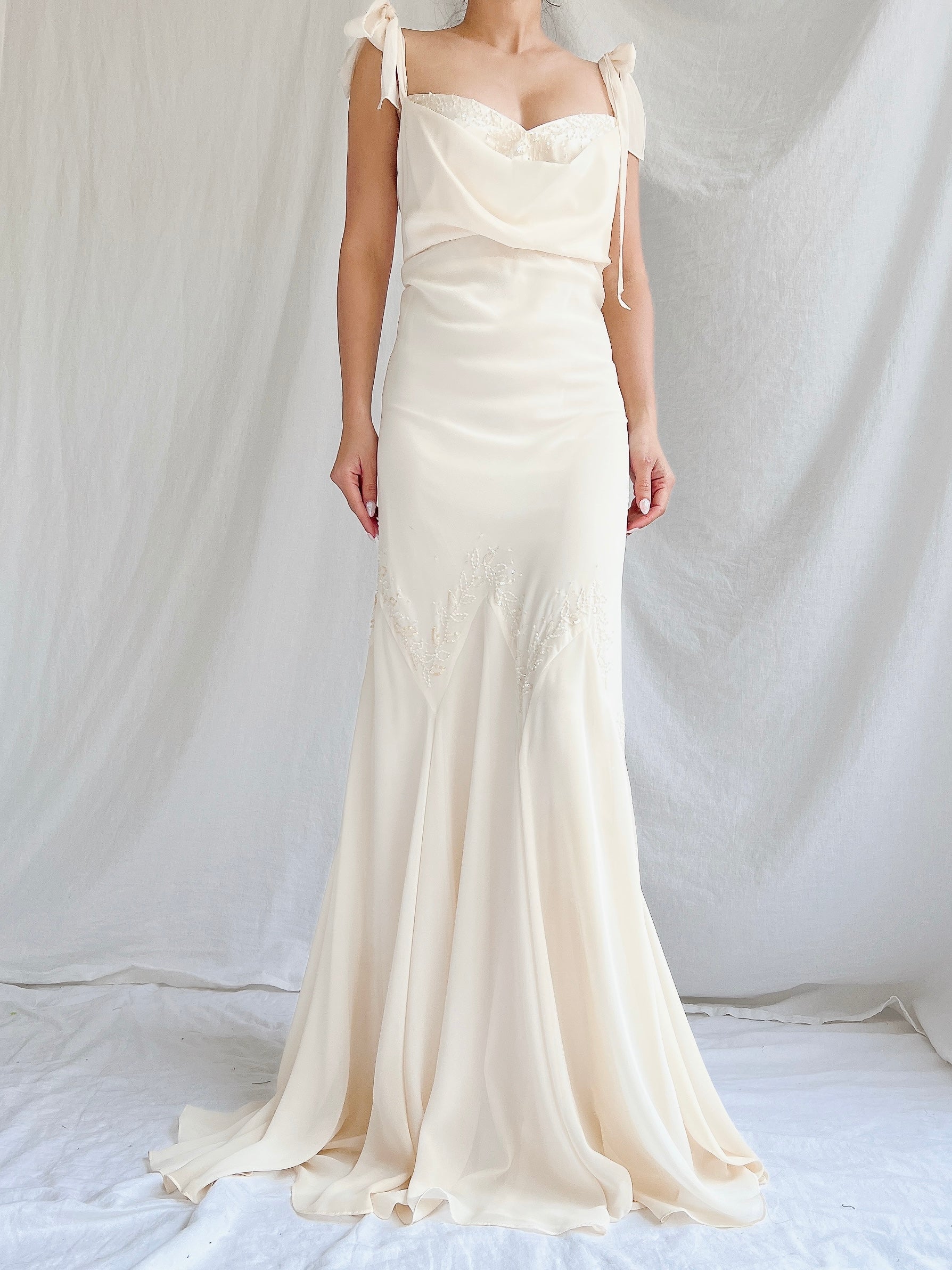 Vintage Chiffon Bow Bias Cut Gown - M/L Vintage Chiffon Bow Bias Cut Gown - M/L