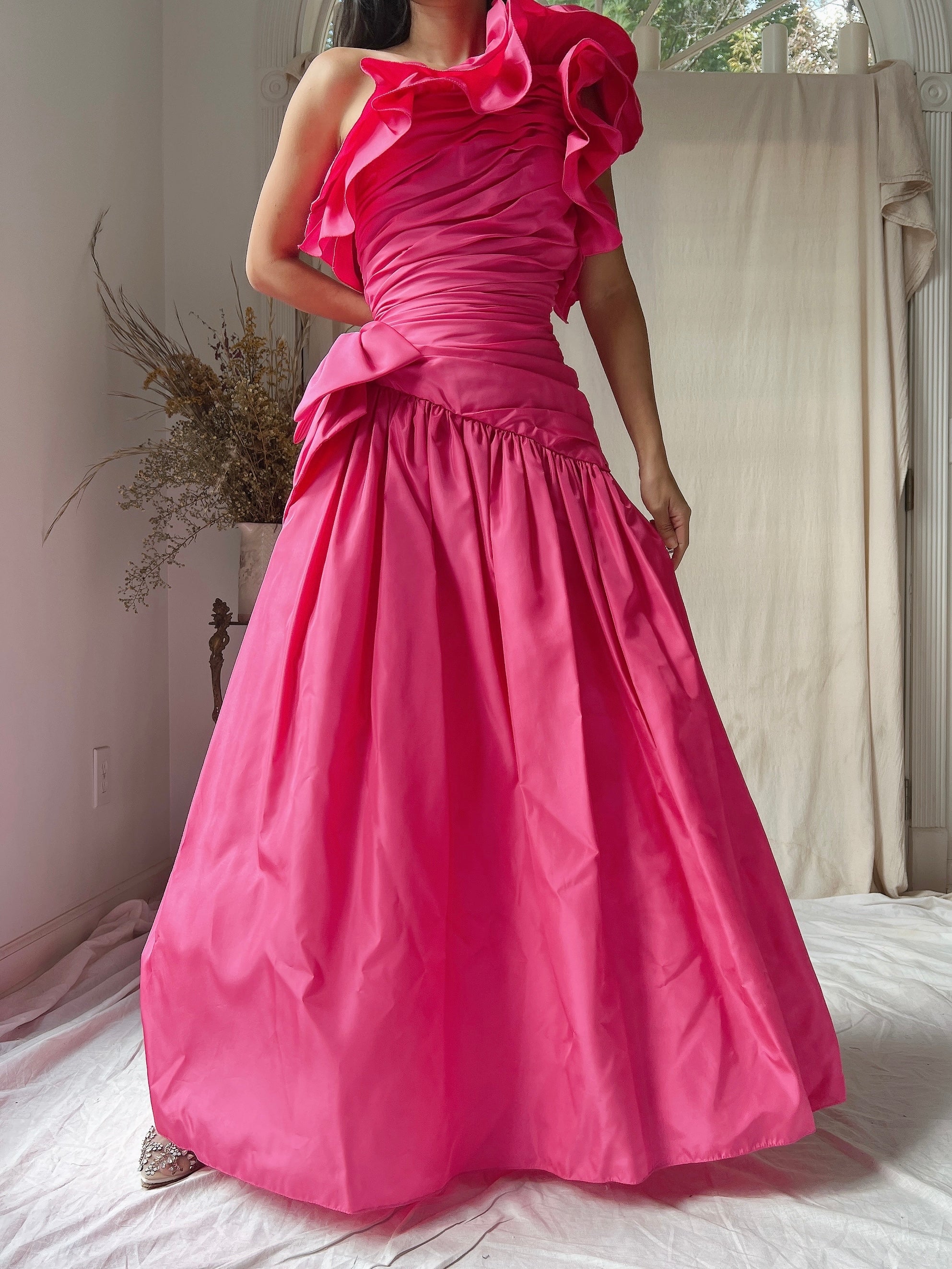 1980s Hot Pink Ruffle Pleated Full Dress - S