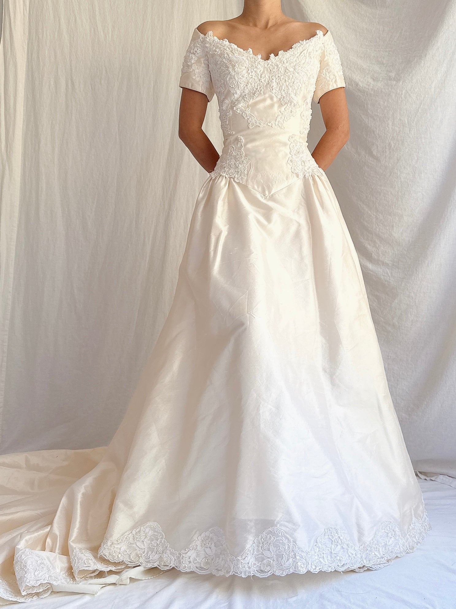 Vintage Wide Neck Lace Embellished Gown - S