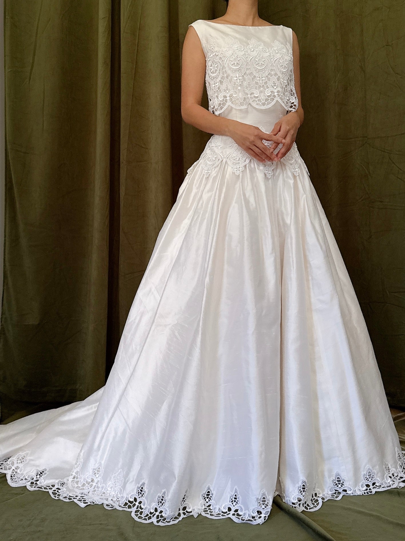 Vintage Raw Silk Embroidered Cutout Gown - S/4