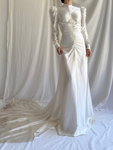 1930s Ruche Long Sleeve Satin Gown - S