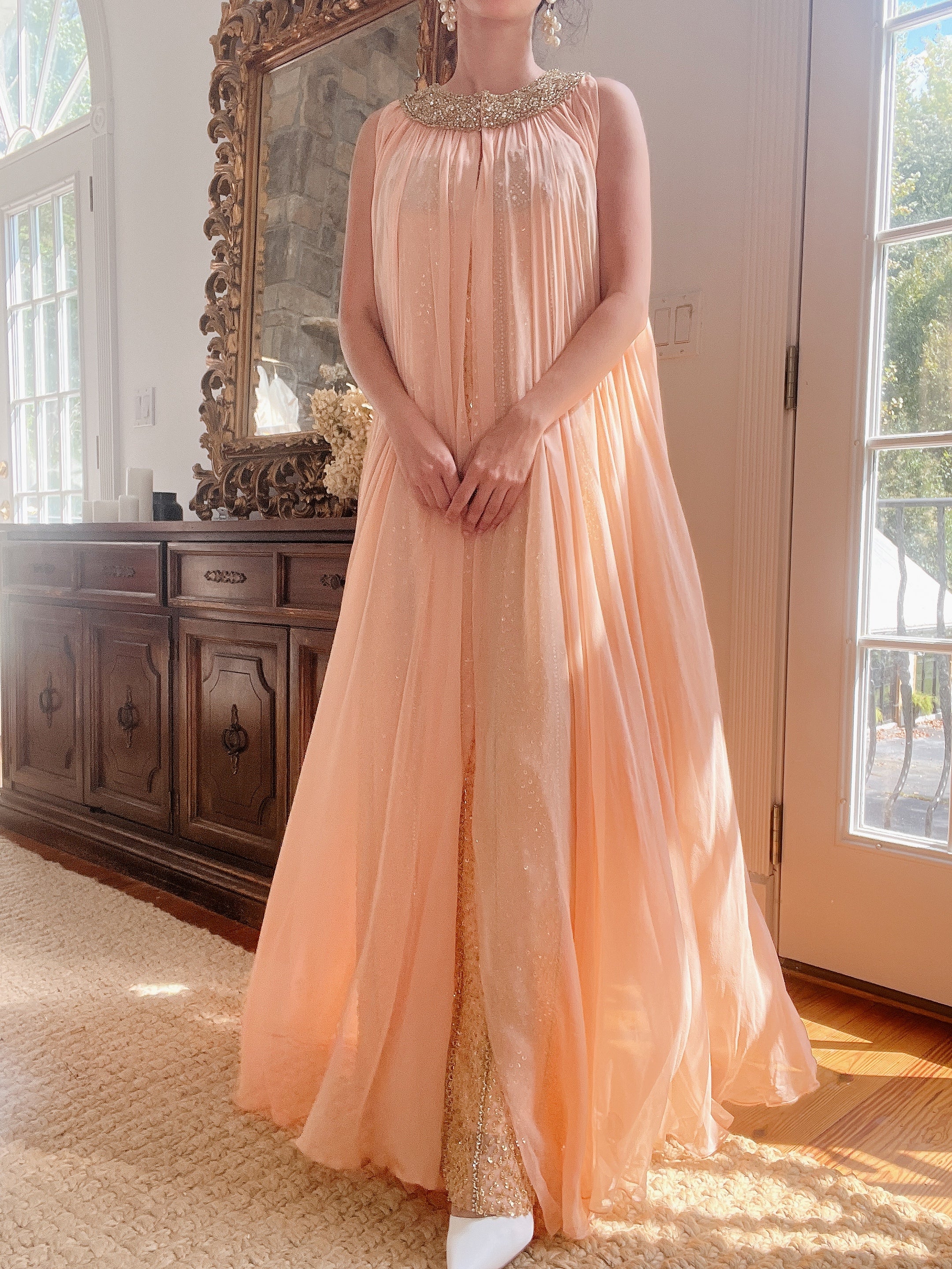 1960s Peach Beaded Gown & Cape - M/L