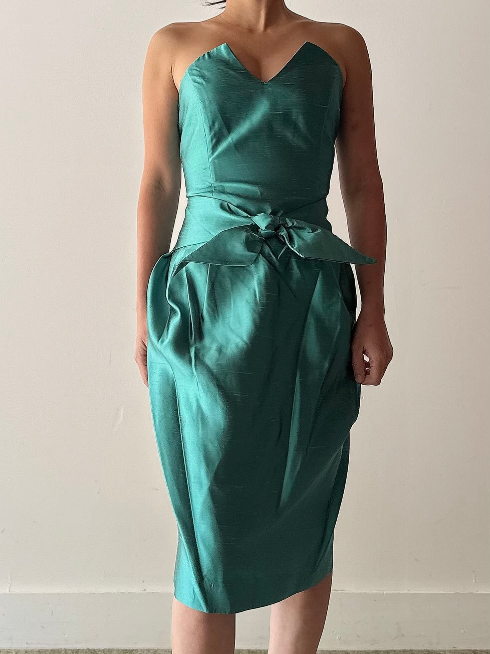 Vintage Turquoise Teal Silk Strapless Dress - FR42