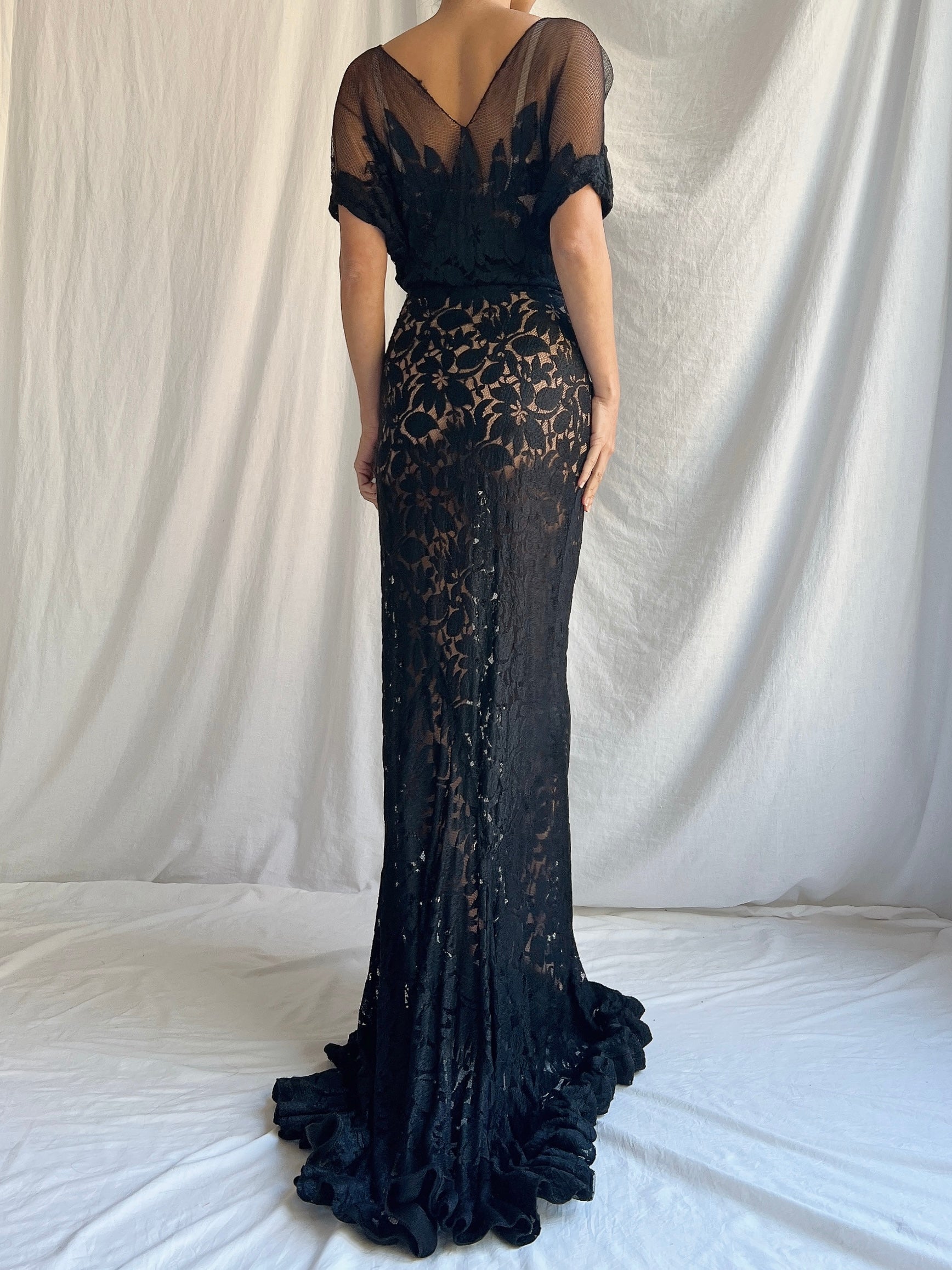 1930s Black Lace Gown - M