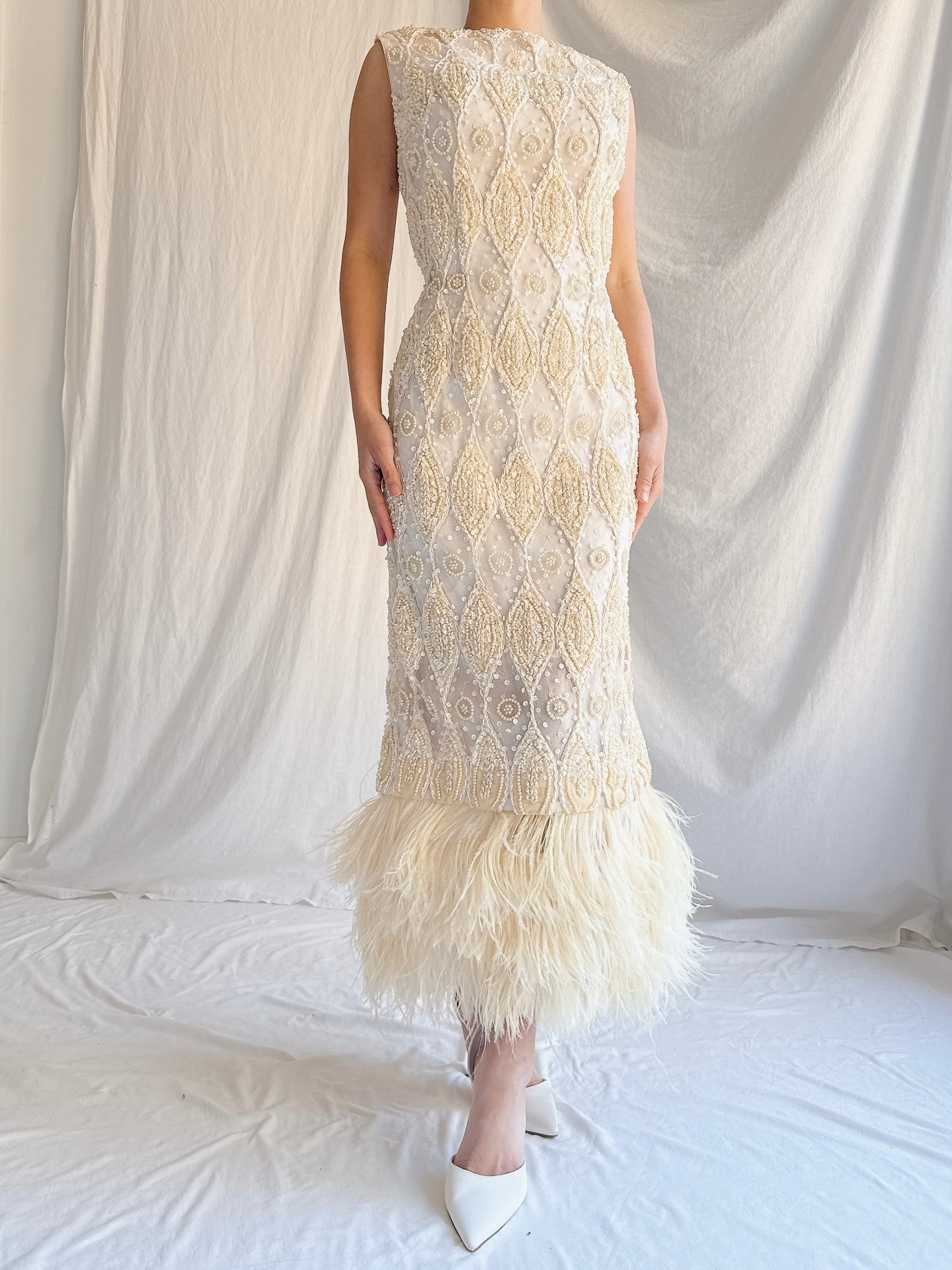 1960s Tulle Beaded Gown with Feather Embellishment - S 4-6