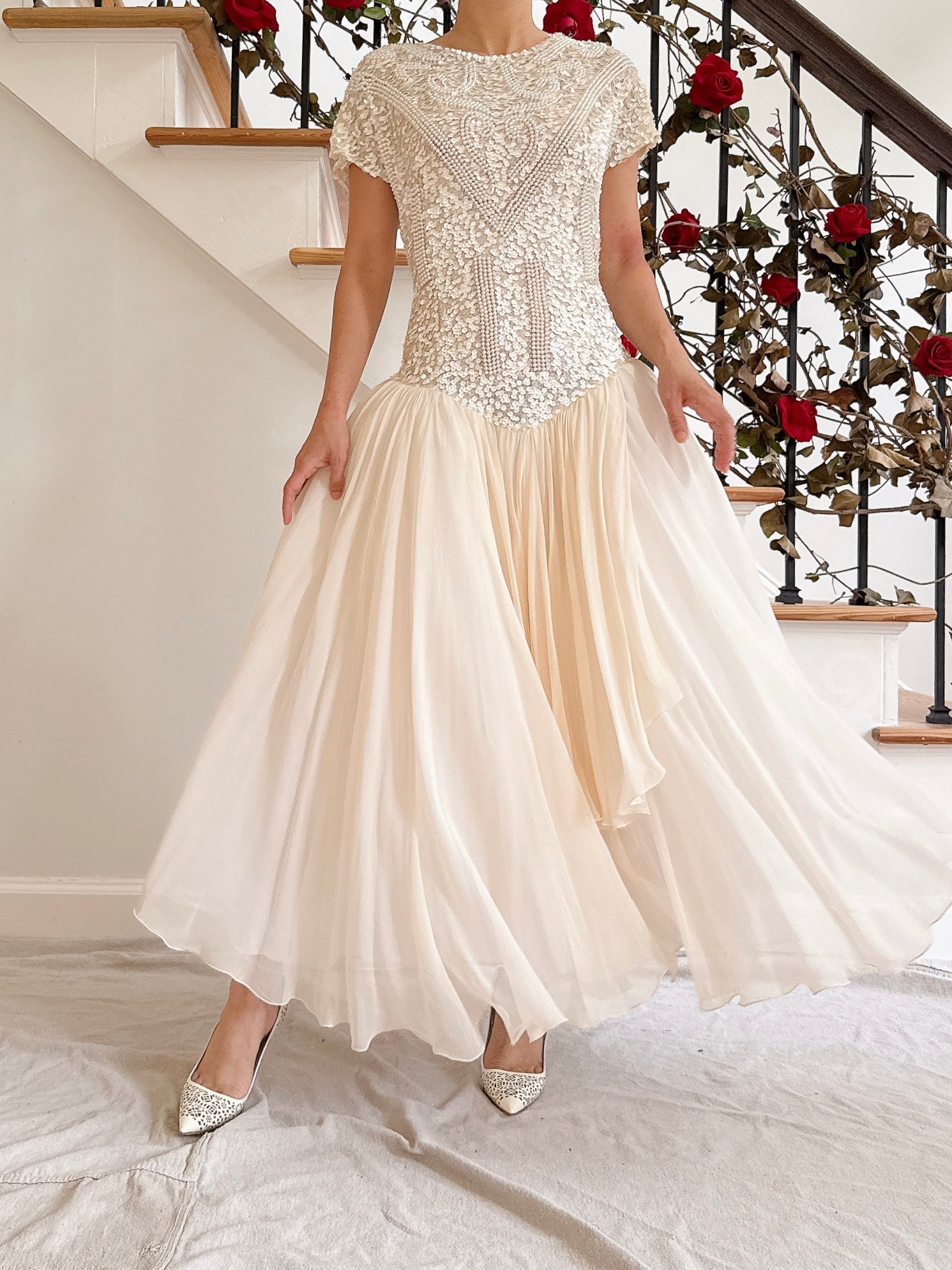 1980s Silk Chiffon Beaded Dress - 36B/30W/49L