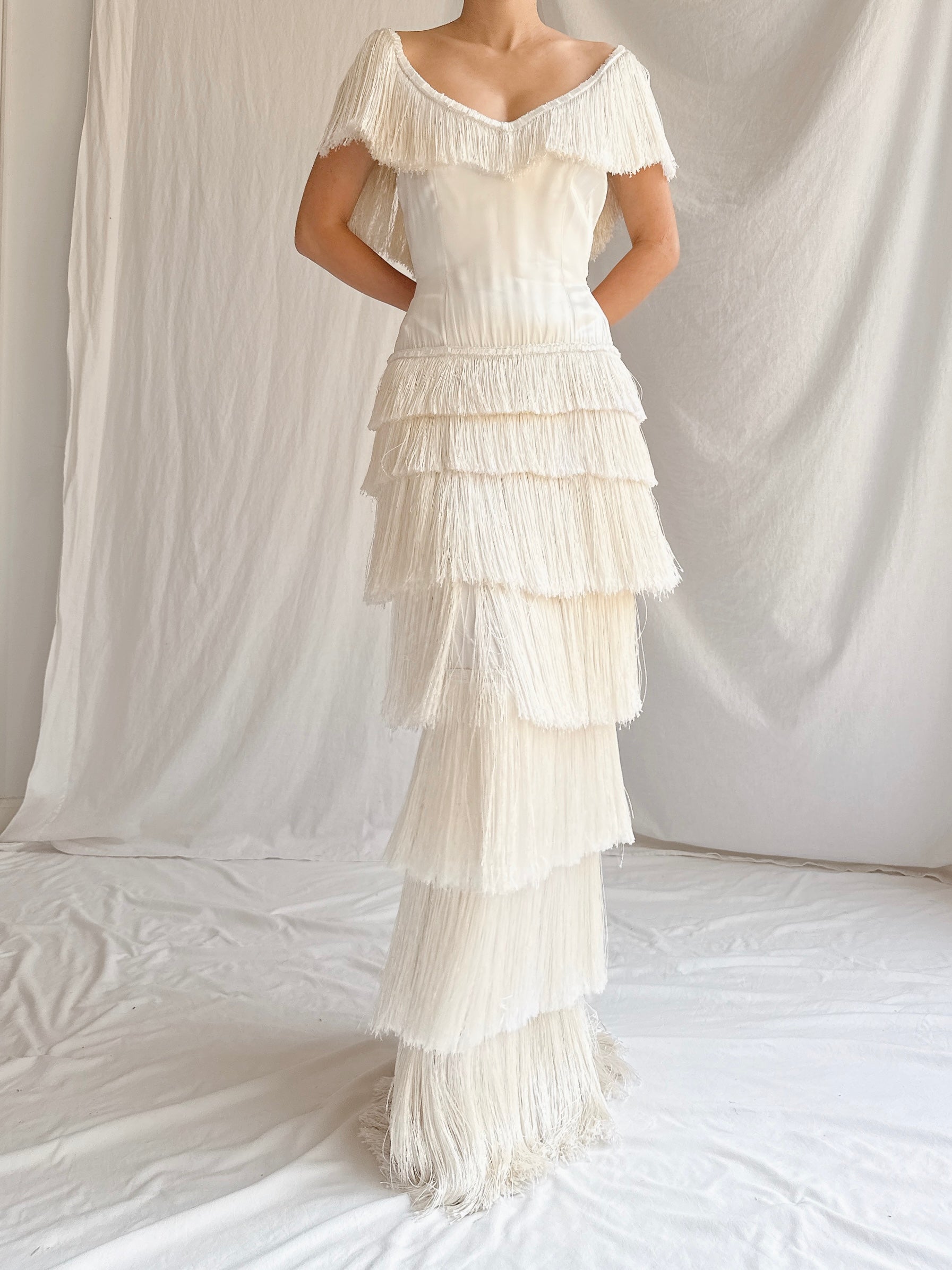 1960s Satin Silk Fringe Gown - S