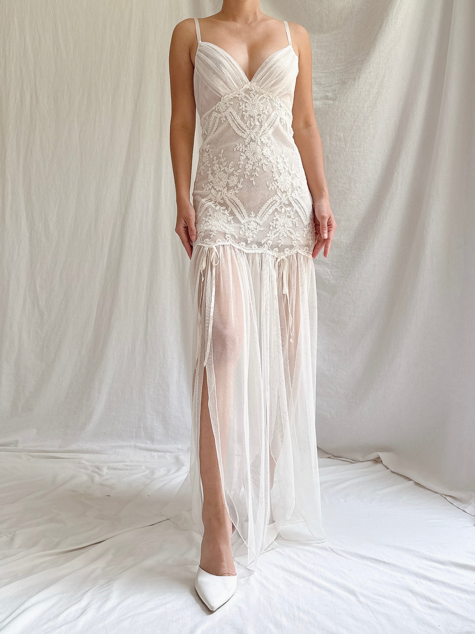 Vintage Tulle Embroidered Lace Slip Dress - S-M