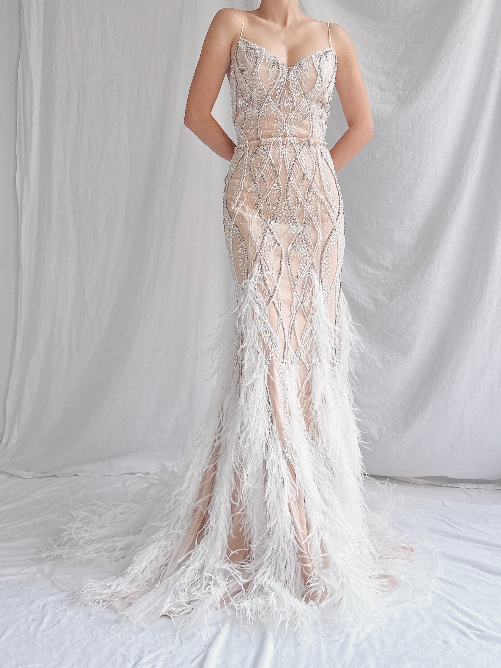 00 Stephen Yearrick Pearl Feather Gown - S-M