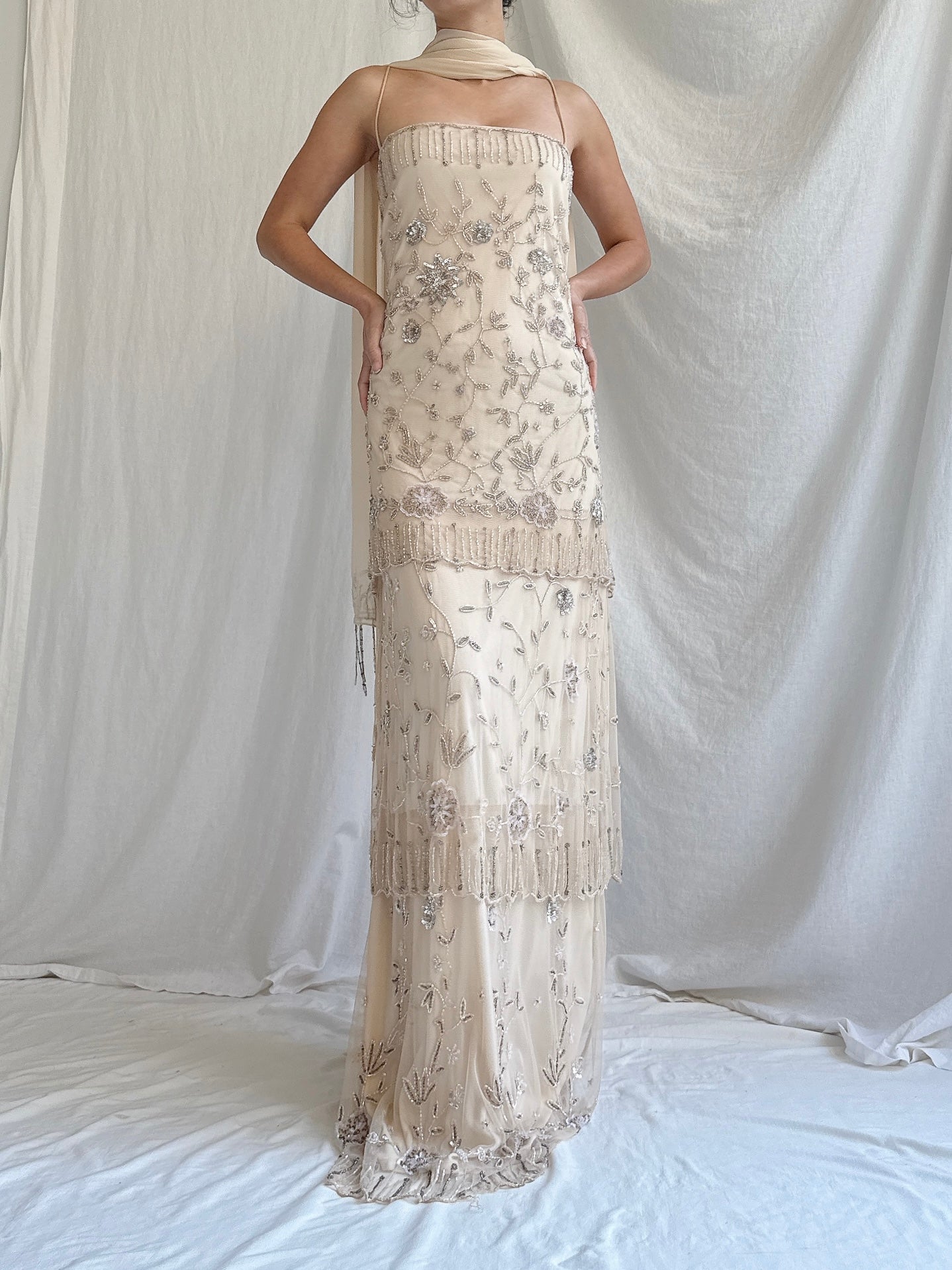 Vintage Ecru Tulle Beaded Tiered Column Gown with Silk Scarf - L