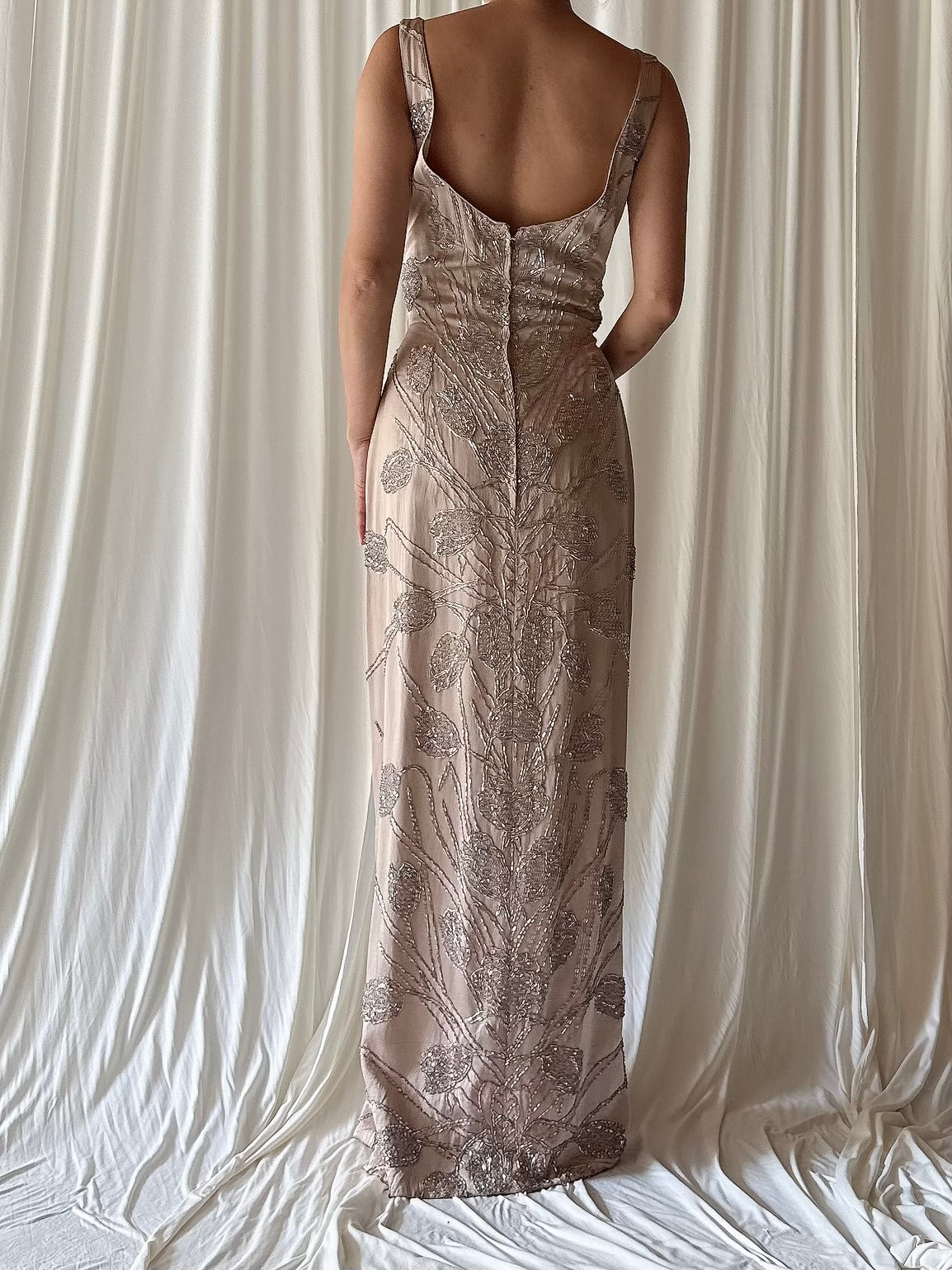 1960s Dusty Pink Silk Beaded Gown - S/M
