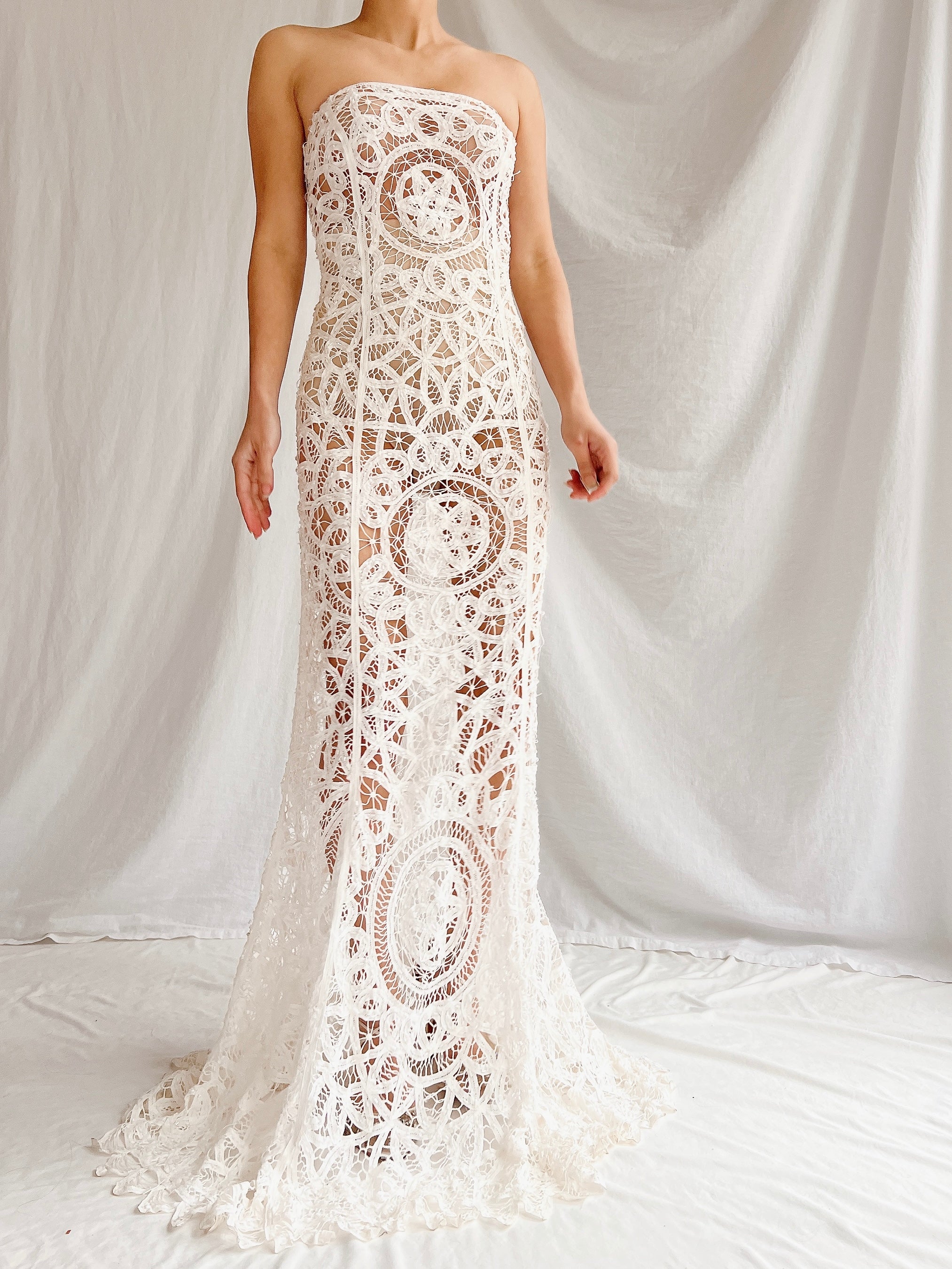 Vintage Sheer Tape Lace Strapless Gown - S | G O S S A M E R Vintage Sheer Tape Lace Strapless Gown - S | G O S S A M E R