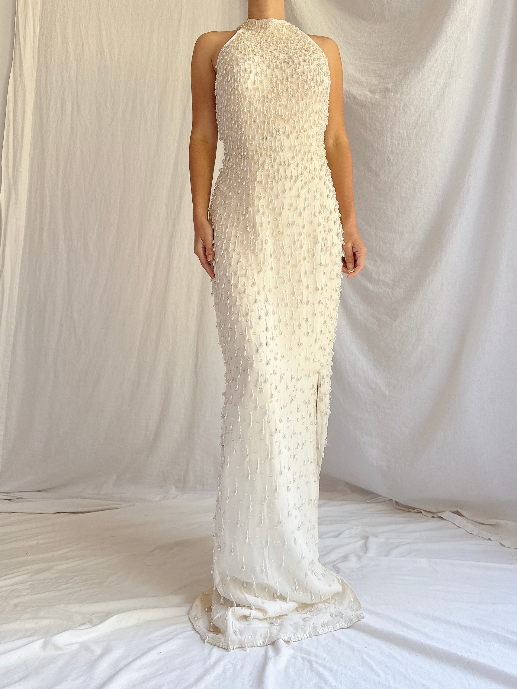 Vintage Halter Neck Silk Beaded Gown - M 8